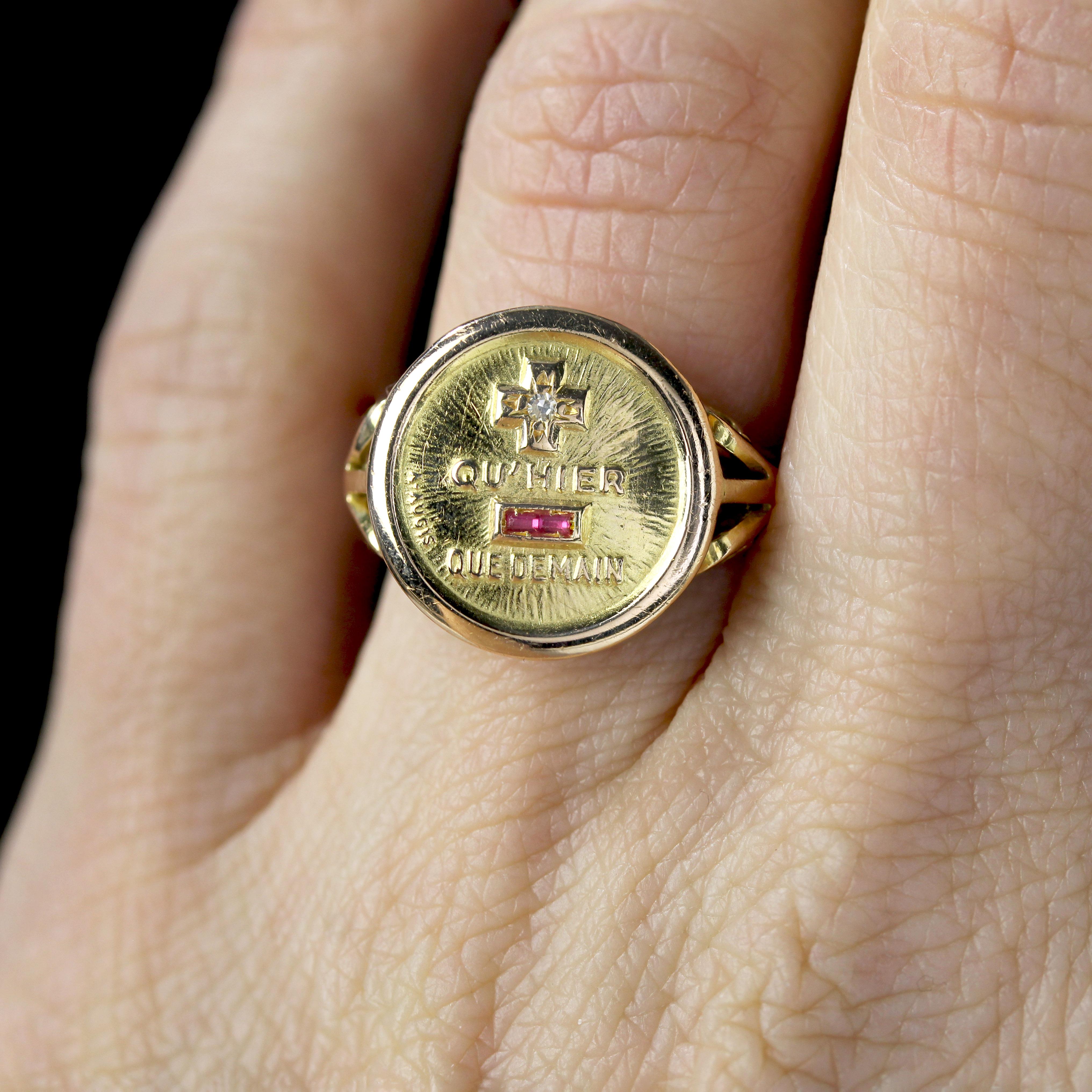 Women's French 1960s Red Gems Diamond 18 Karat Yellow Gold Augis Ring For Sale