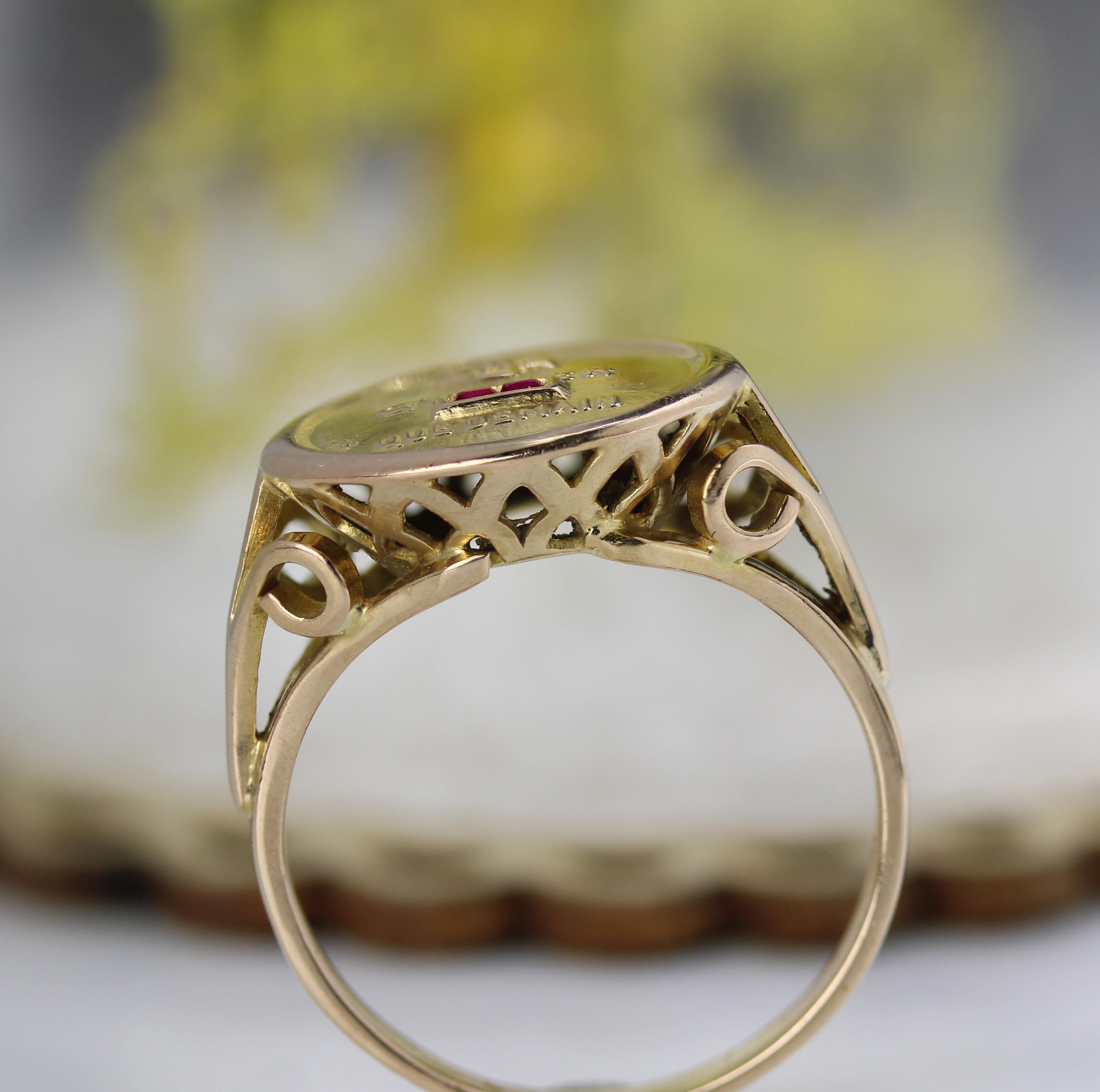 French 1960s Red Gems Diamond 18 Karat Yellow Gold Augis Ring For Sale 3