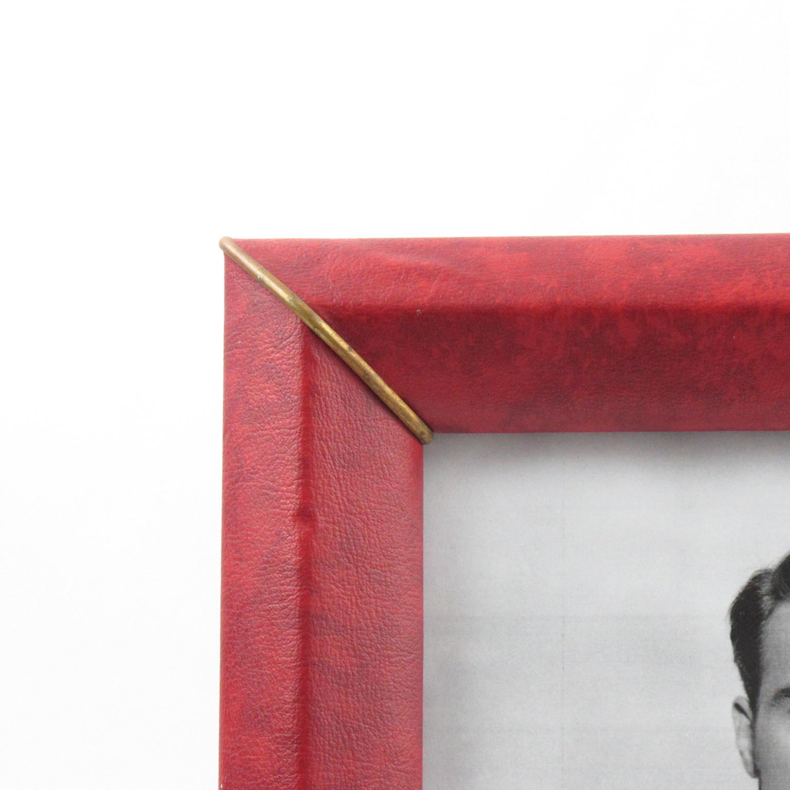 Brass French 1960s Red Vinyl Leather Picture Frame