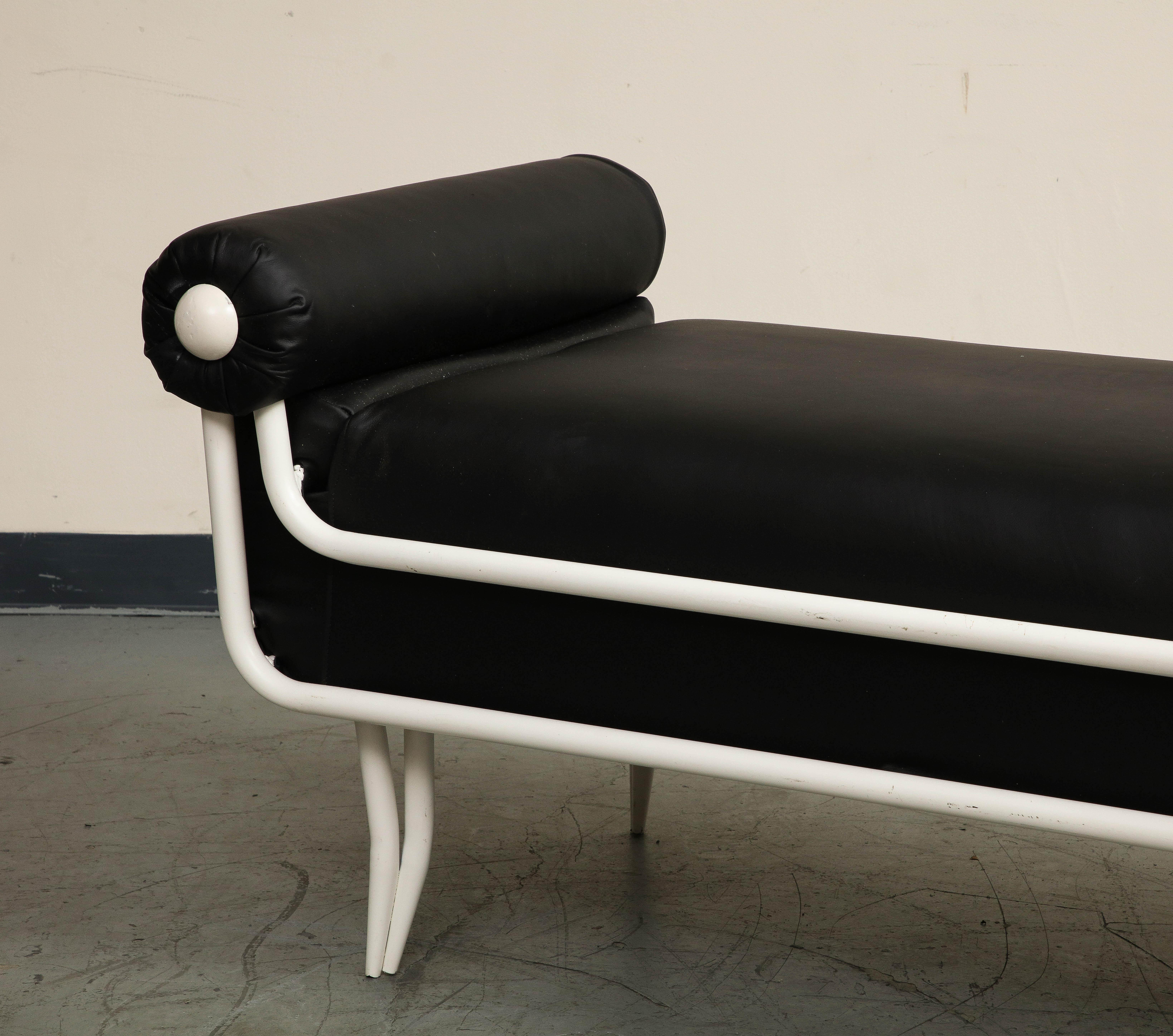 French 1960s Rene Prou Style White Painted Iron & Black Leather Daybed or Bench For Sale 6