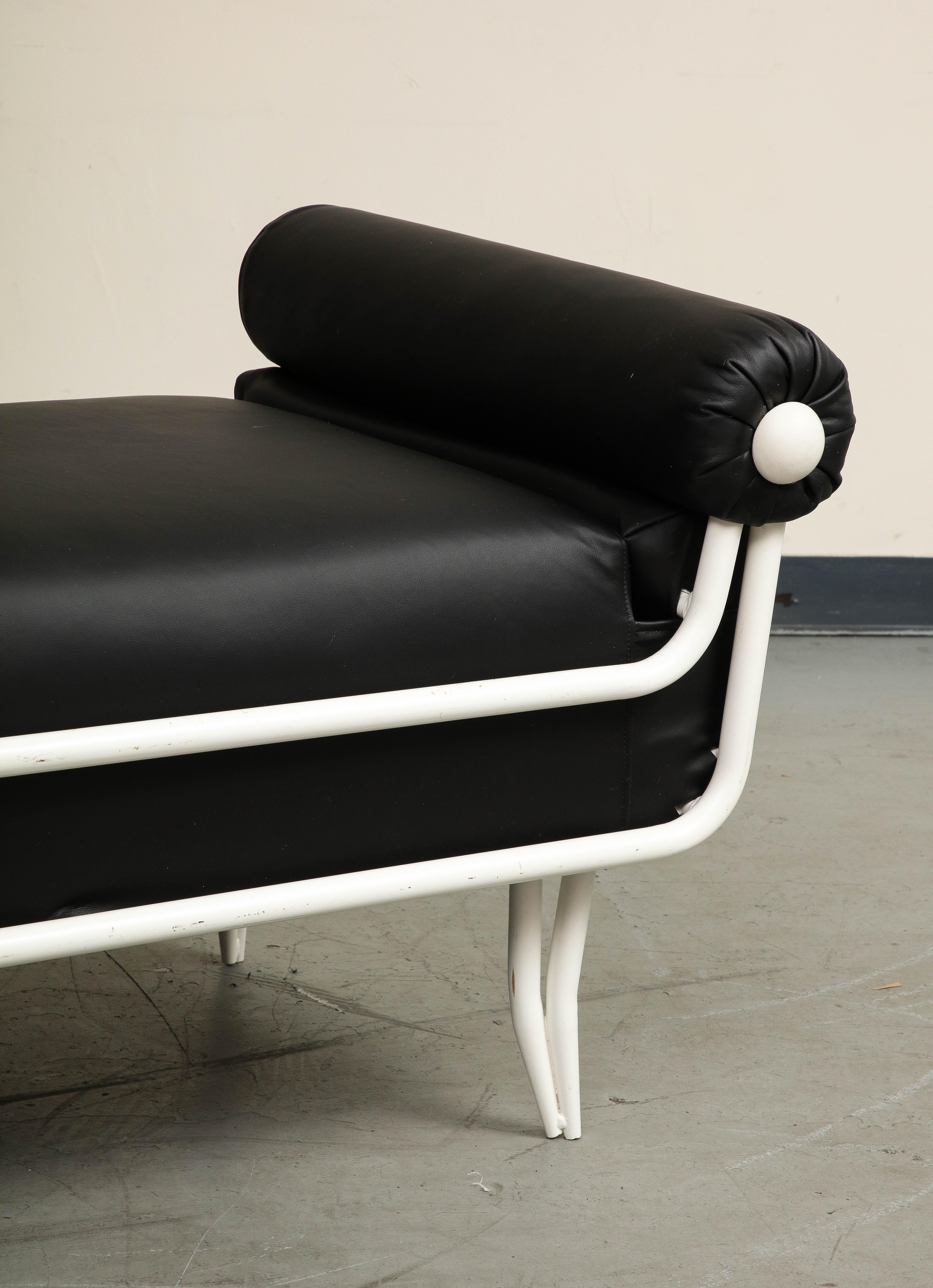 French 1960s Rene Prou Style White Painted Iron & Black Leather Daybed or Bench For Sale 9