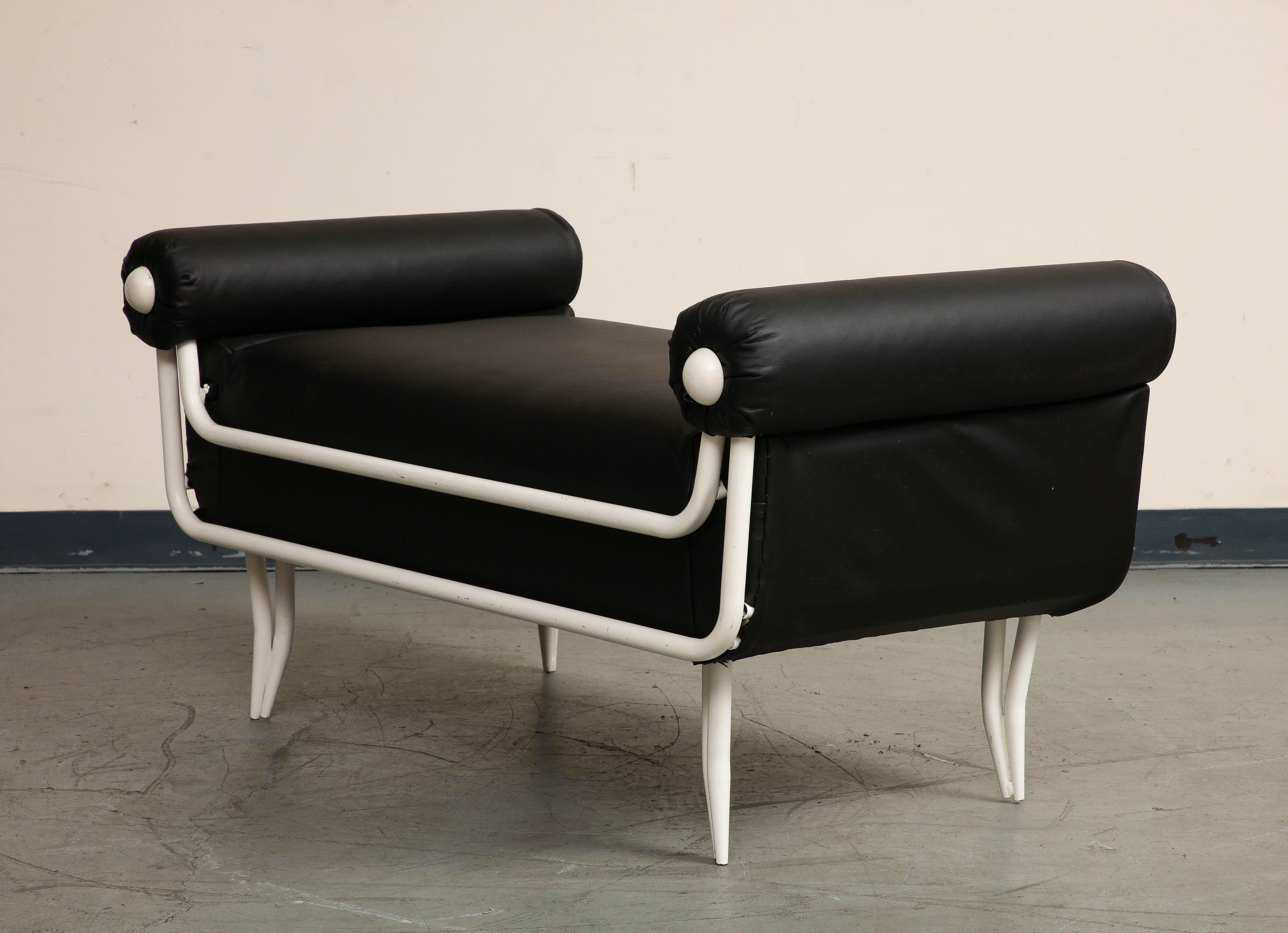 Mid-Century Modern French 1960s Rene Prou Style White Painted Iron & Black Leather Daybed or Bench For Sale