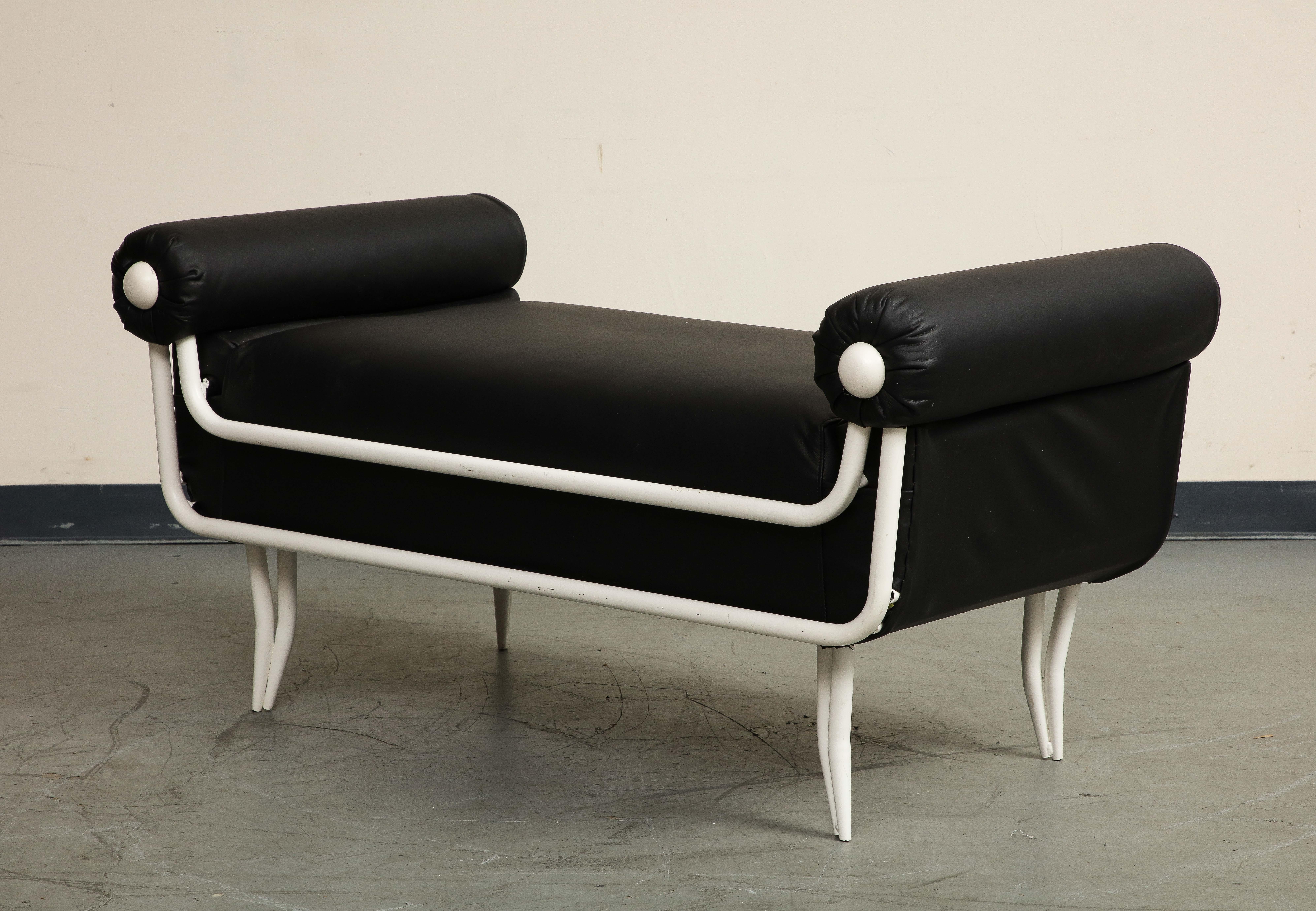 French 1960s Rene Prou Style White Painted Iron & Black Leather Daybed or Bench In Good Condition For Sale In Chicago, IL