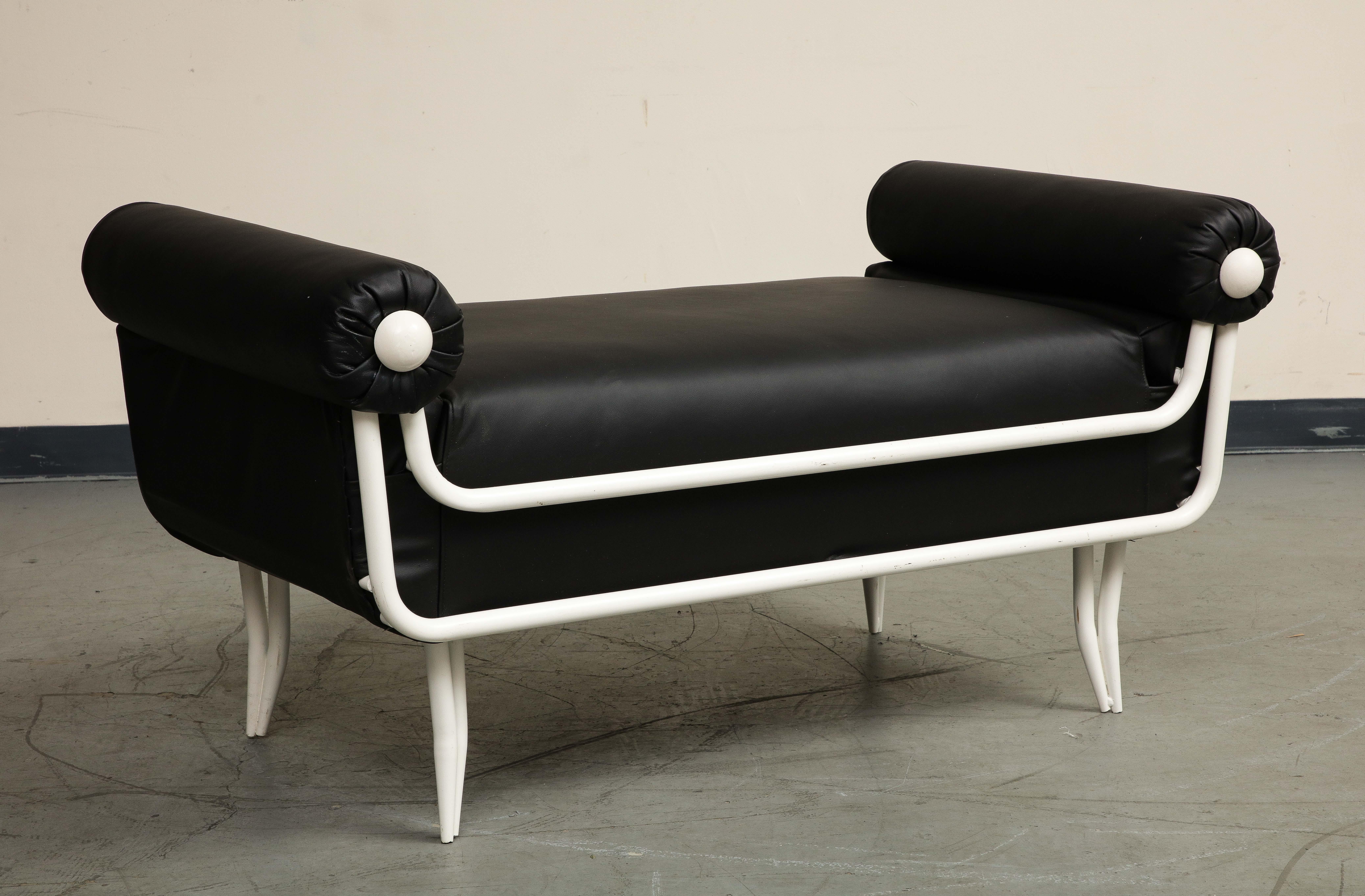 Mid-20th Century French 1960s Rene Prou Style White Painted Iron & Black Leather Daybed or Bench For Sale