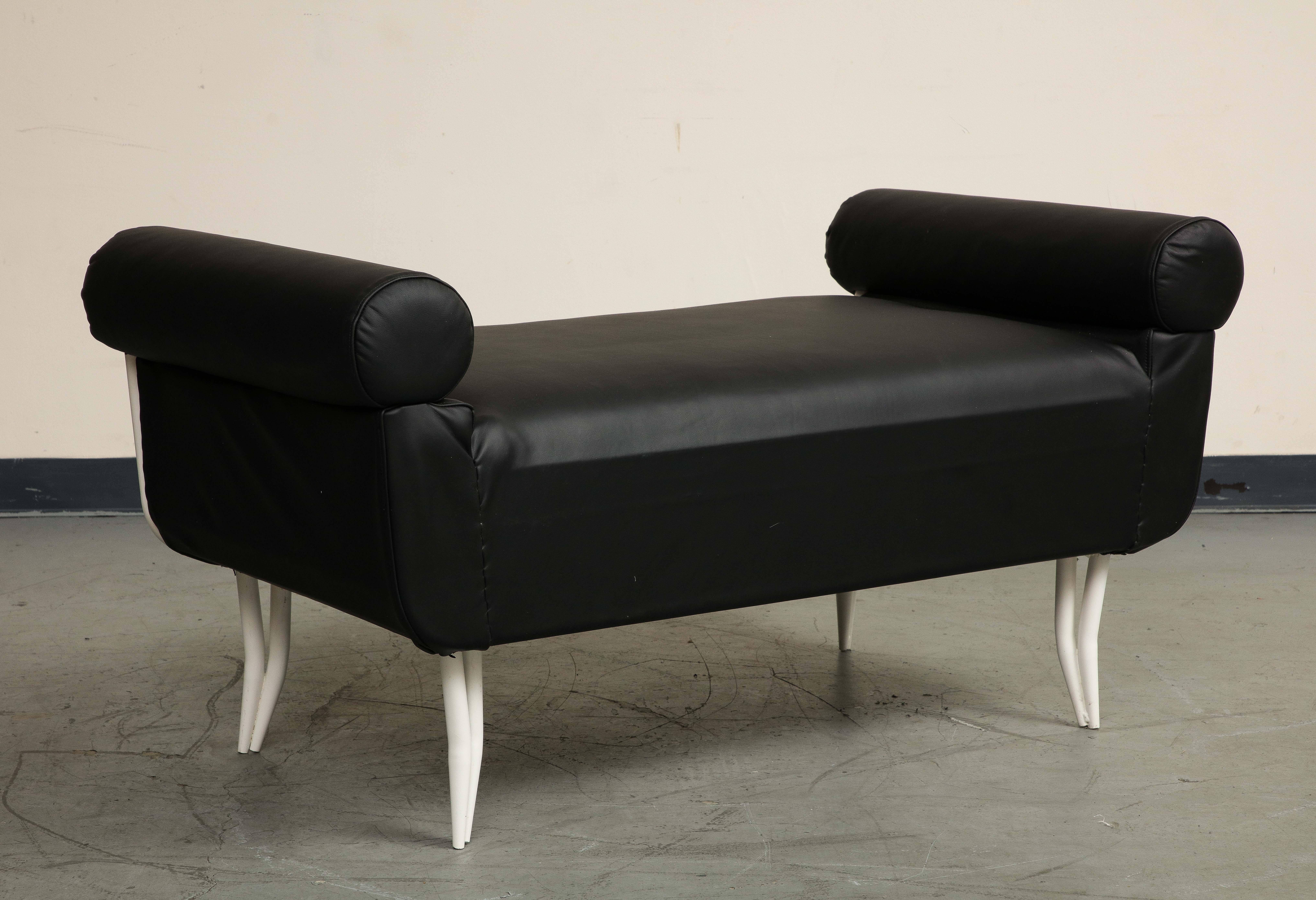 French 1960s Rene Prou Style White Painted Iron & Black Leather Daybed or Bench For Sale 3
