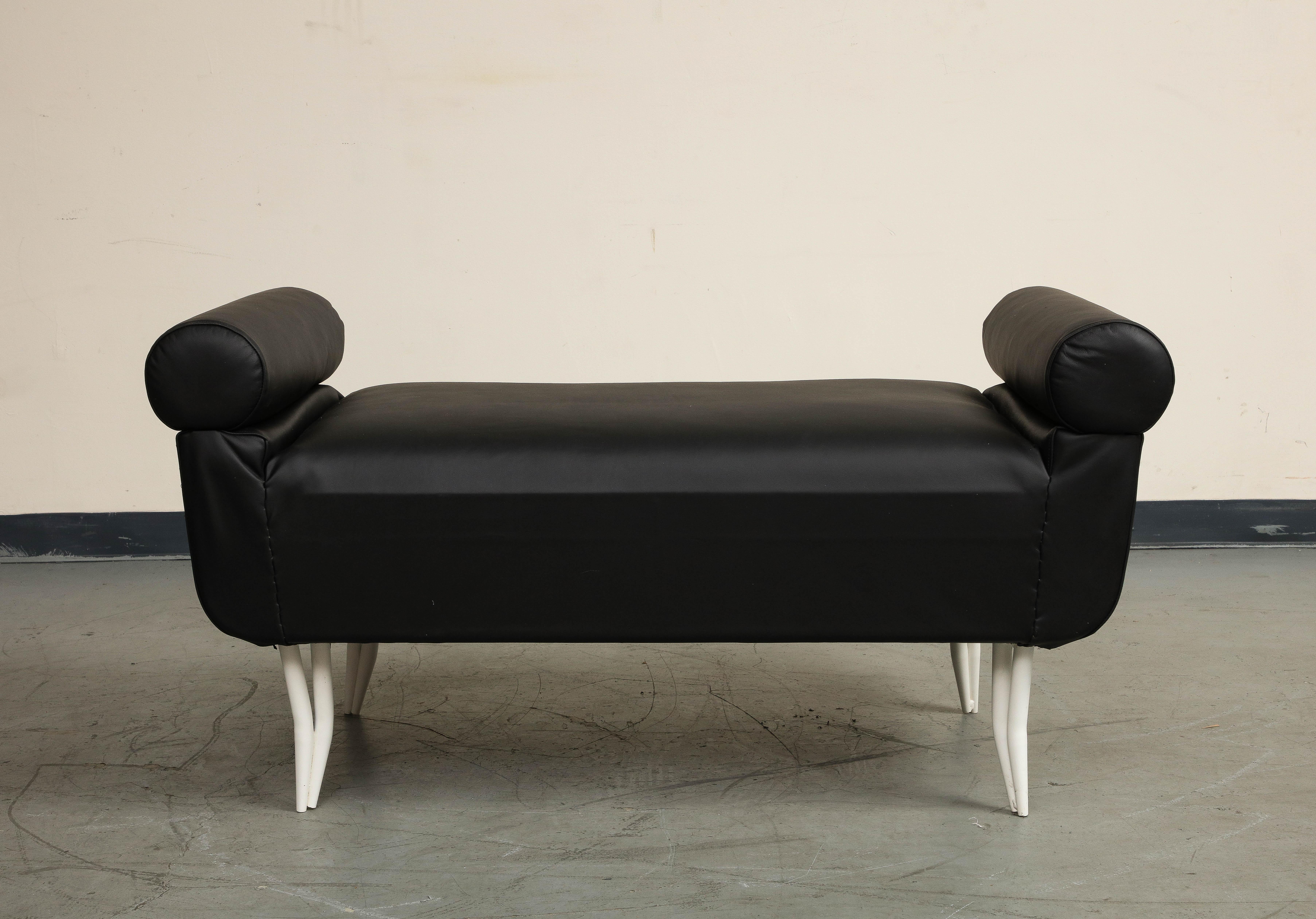 French 1960s Rene Prou Style White Painted Iron & Black Leather Daybed or Bench For Sale 4