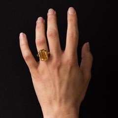 French 1960s Retro 10.44 Carat Citrine 18 Karat Yellow Gold Ring