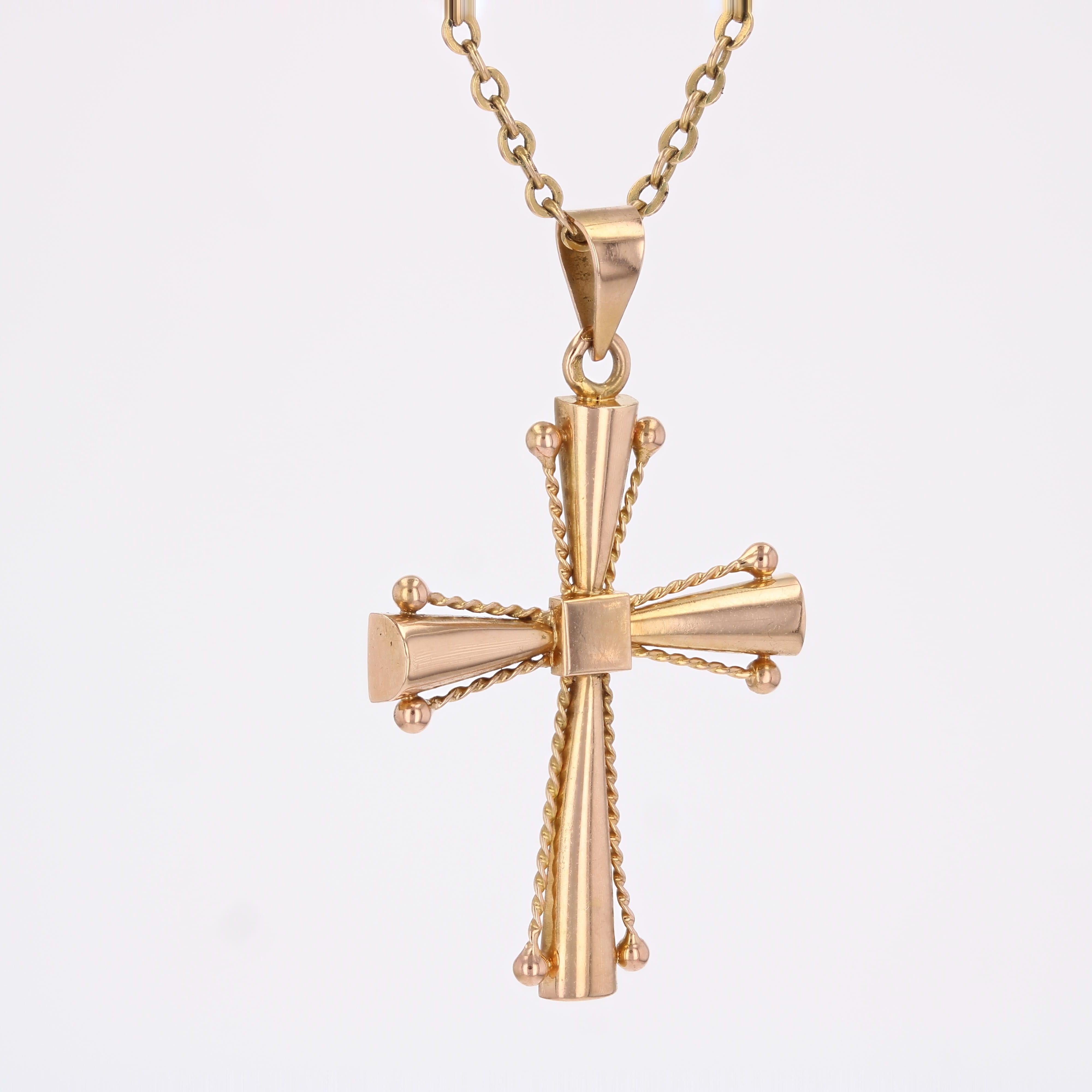 Women's or Men's French 1960s Retro 18 Karat Rose Gold Cords Cross Pendant For Sale