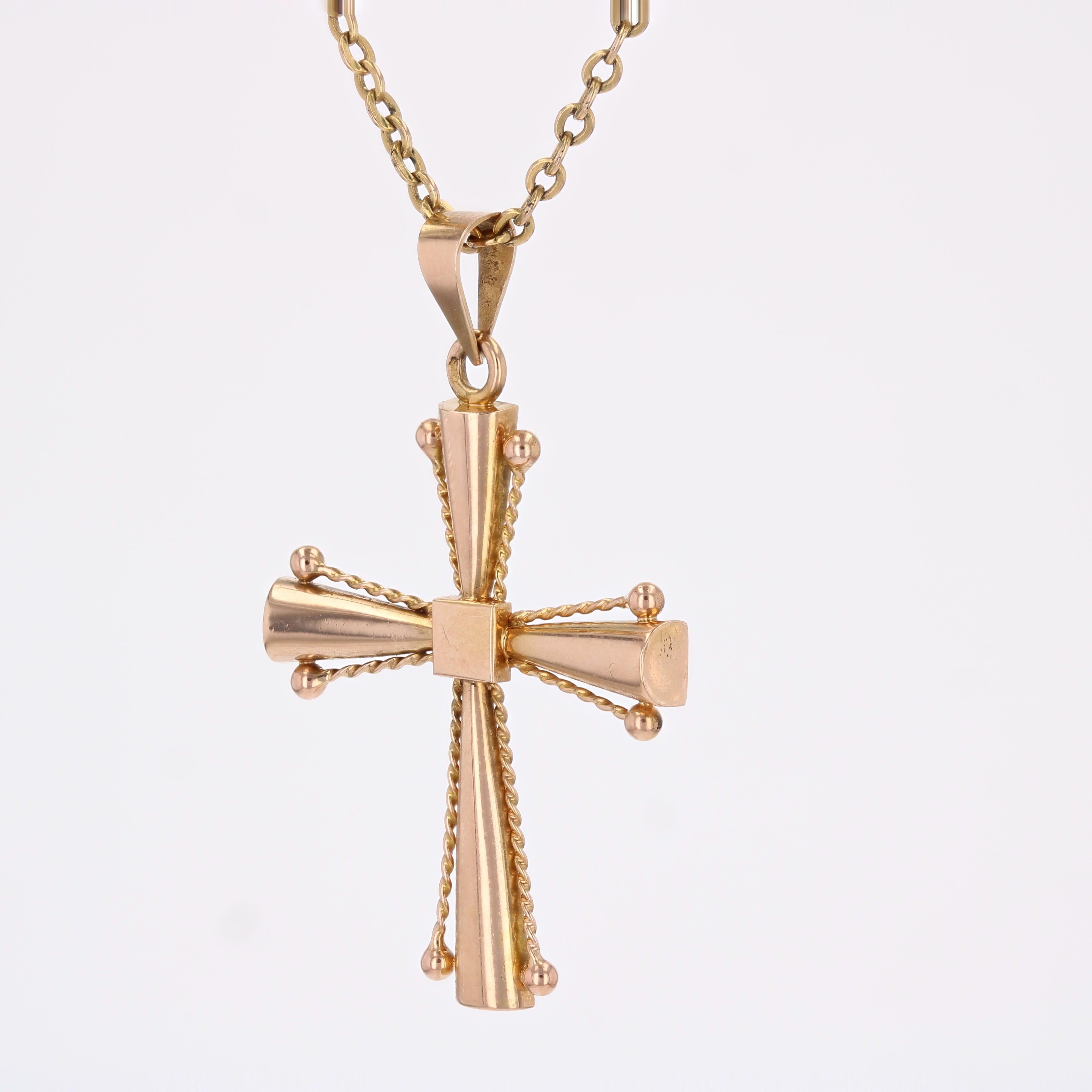 French 1960s Retro 18 Karat Rose Gold Cords Cross Pendant For Sale 1