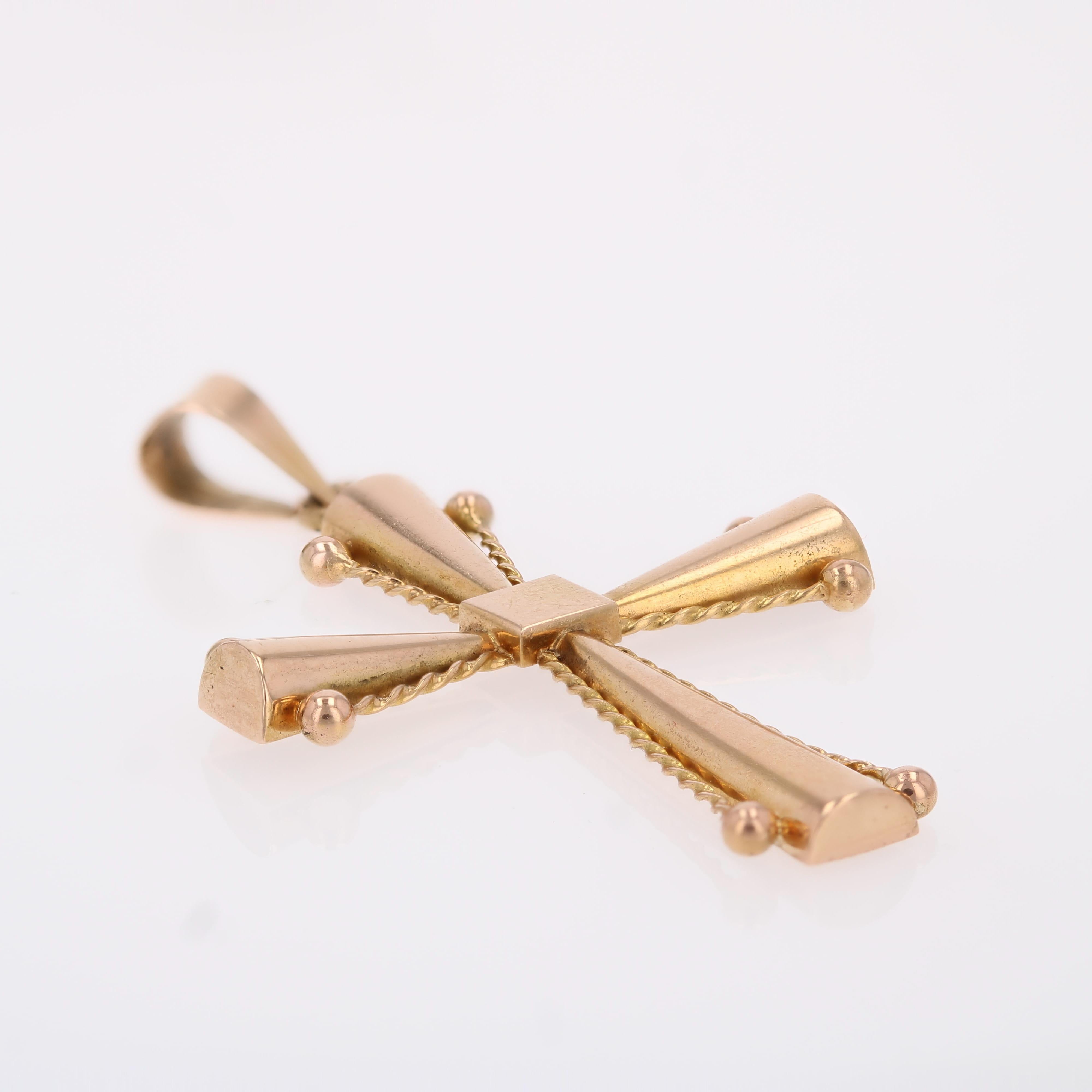 French 1960s Retro 18 Karat Rose Gold Cords Cross Pendant For Sale 3