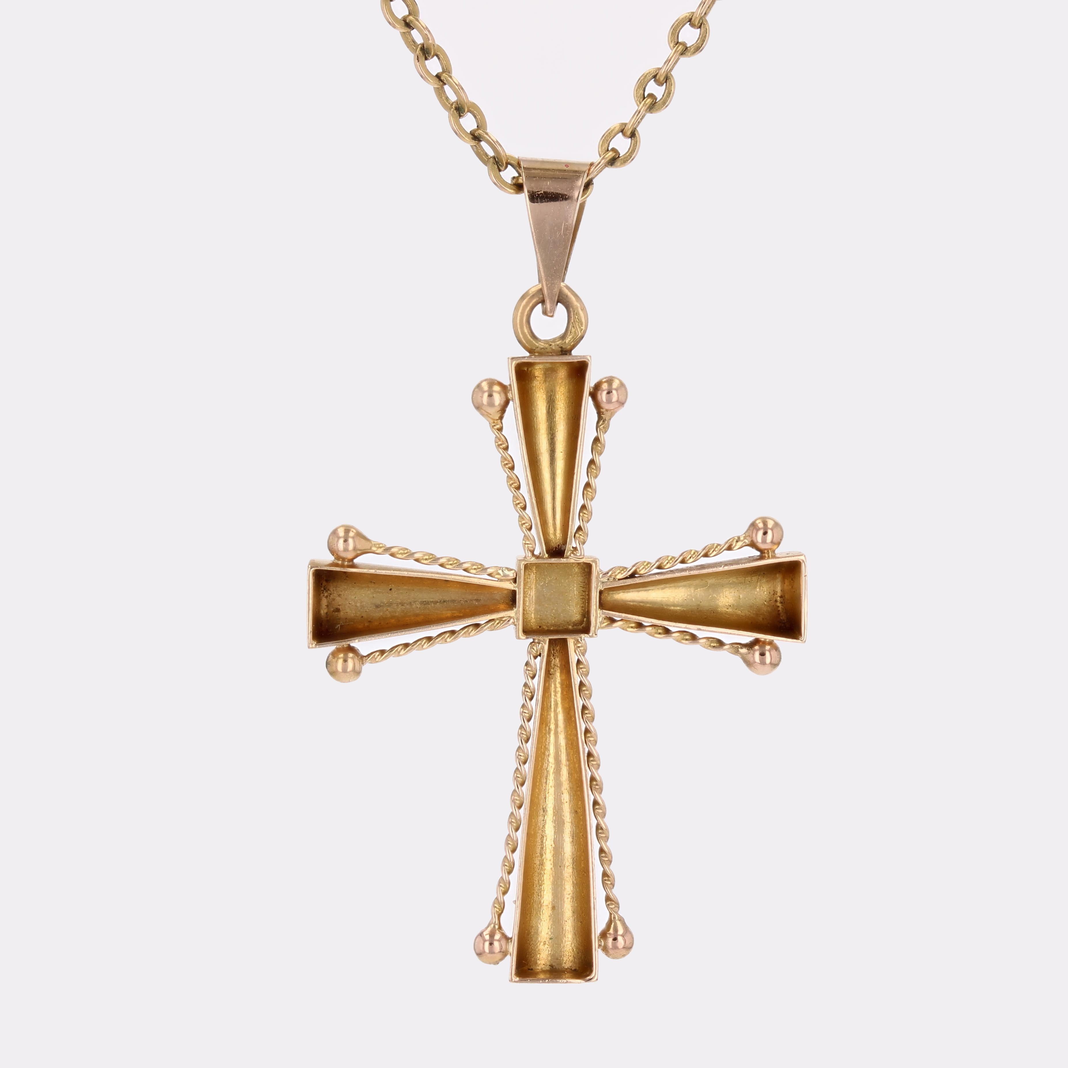 French 1960s Retro 18 Karat Rose Gold Cords Cross Pendant For Sale 4