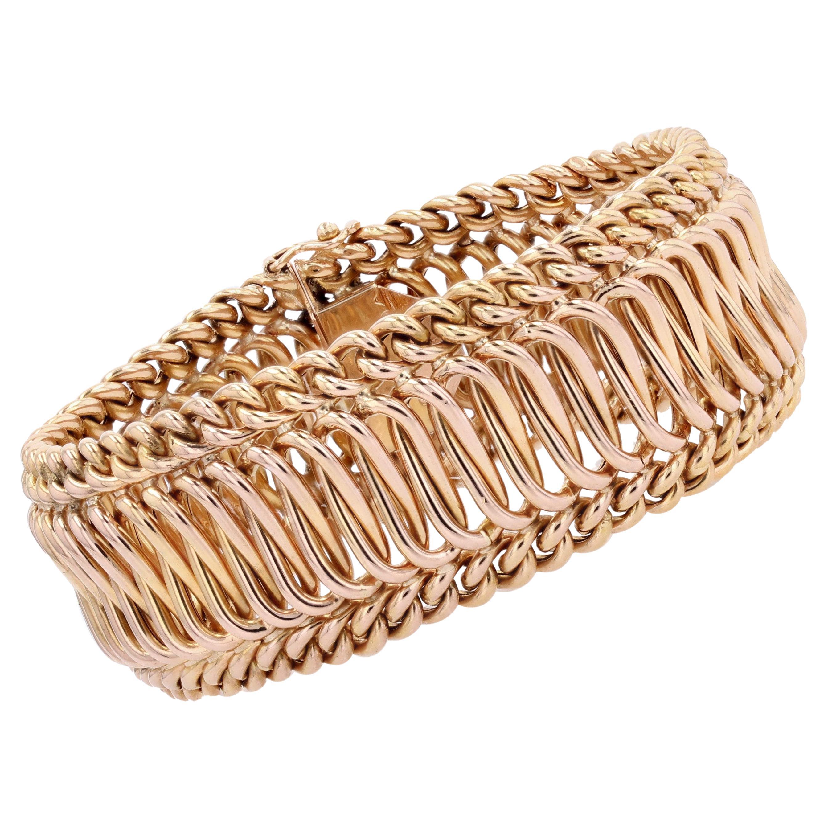 Französisch 1960er Jahre Retro 18 Karat Rose Gold Curb Flexible Armband