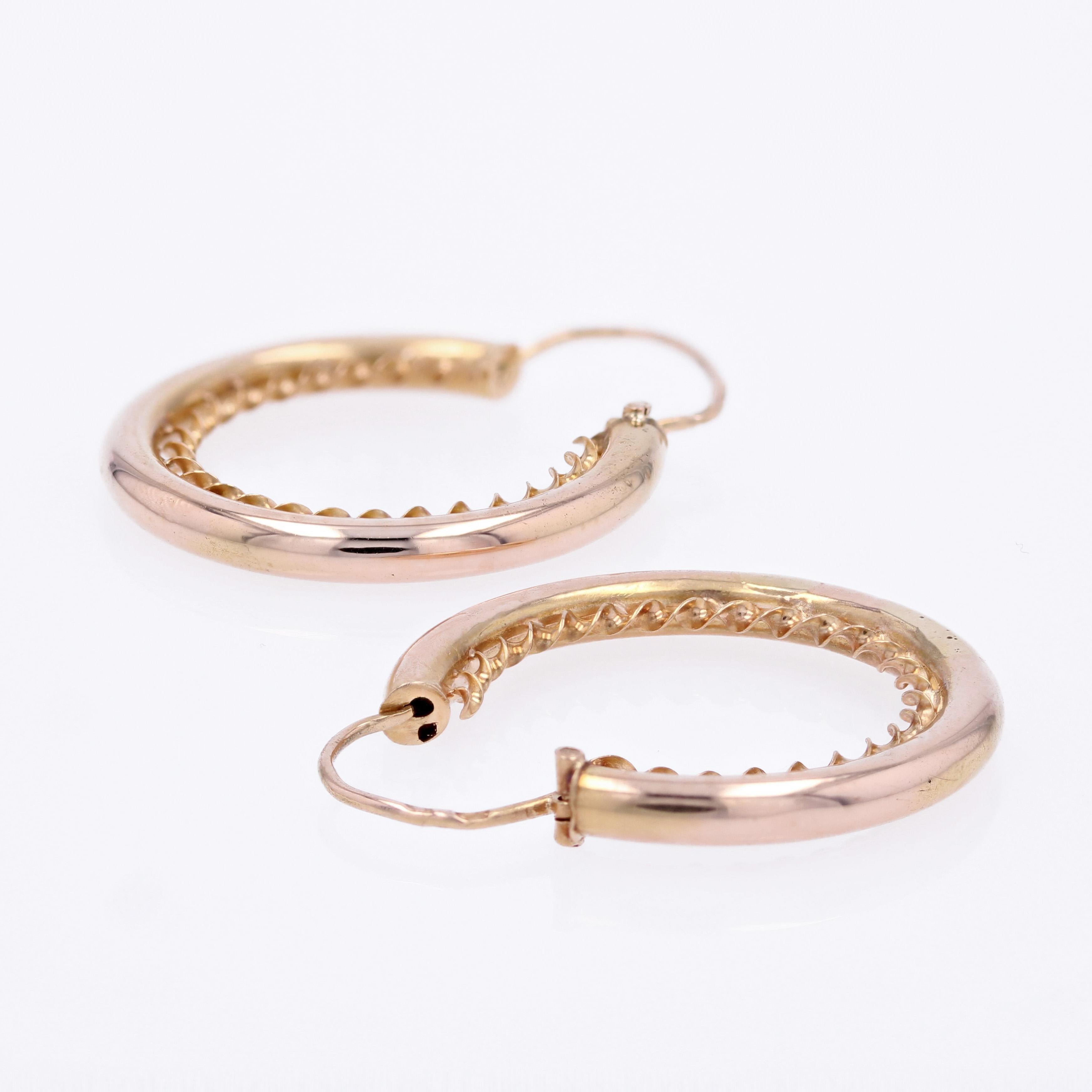 French 1960s Retro 18 Karat Rose Gold Twisted Hoop Earrings For Sale 7