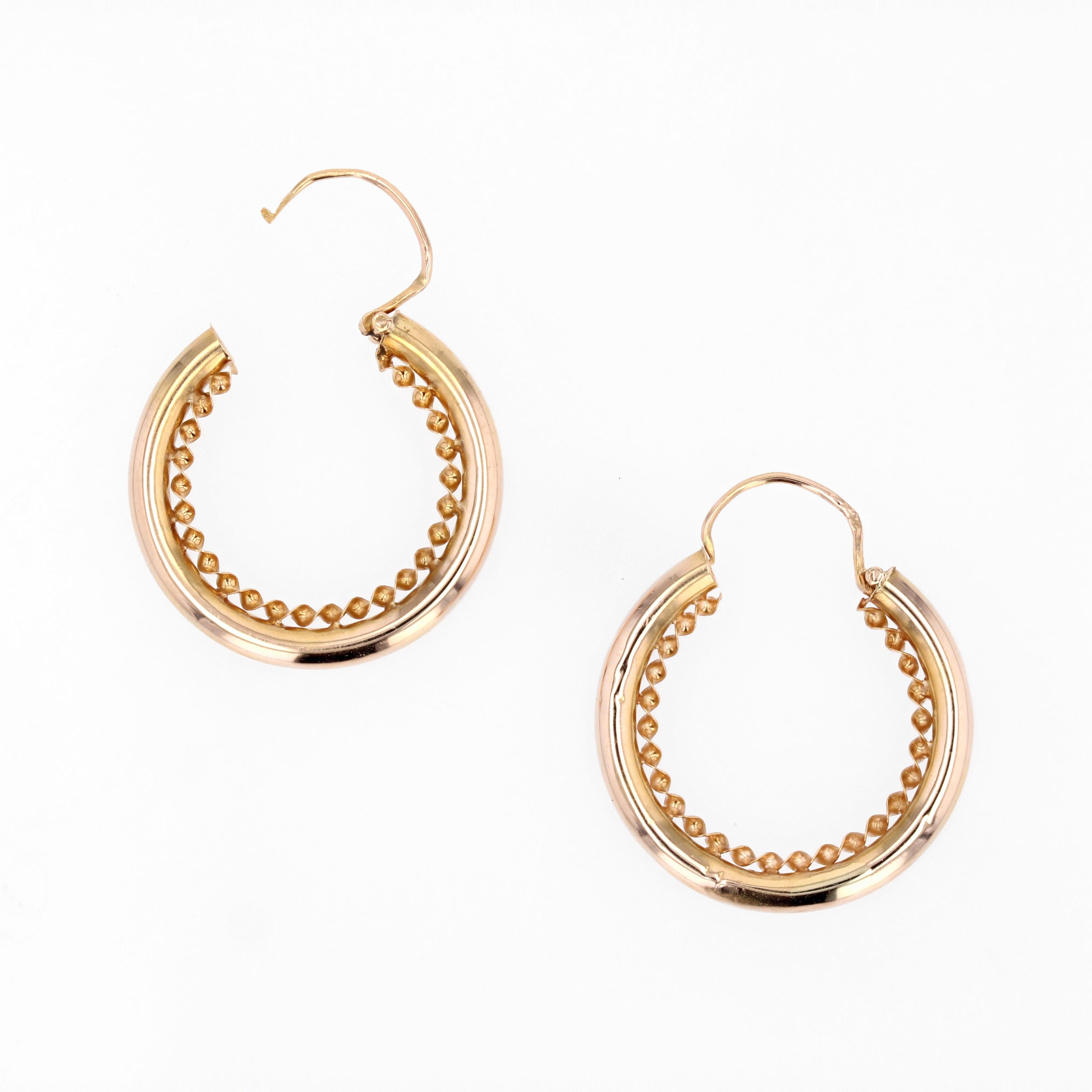 Women's French 1960s Retro 18 Karat Rose Gold Twisted Hoop Earrings For Sale