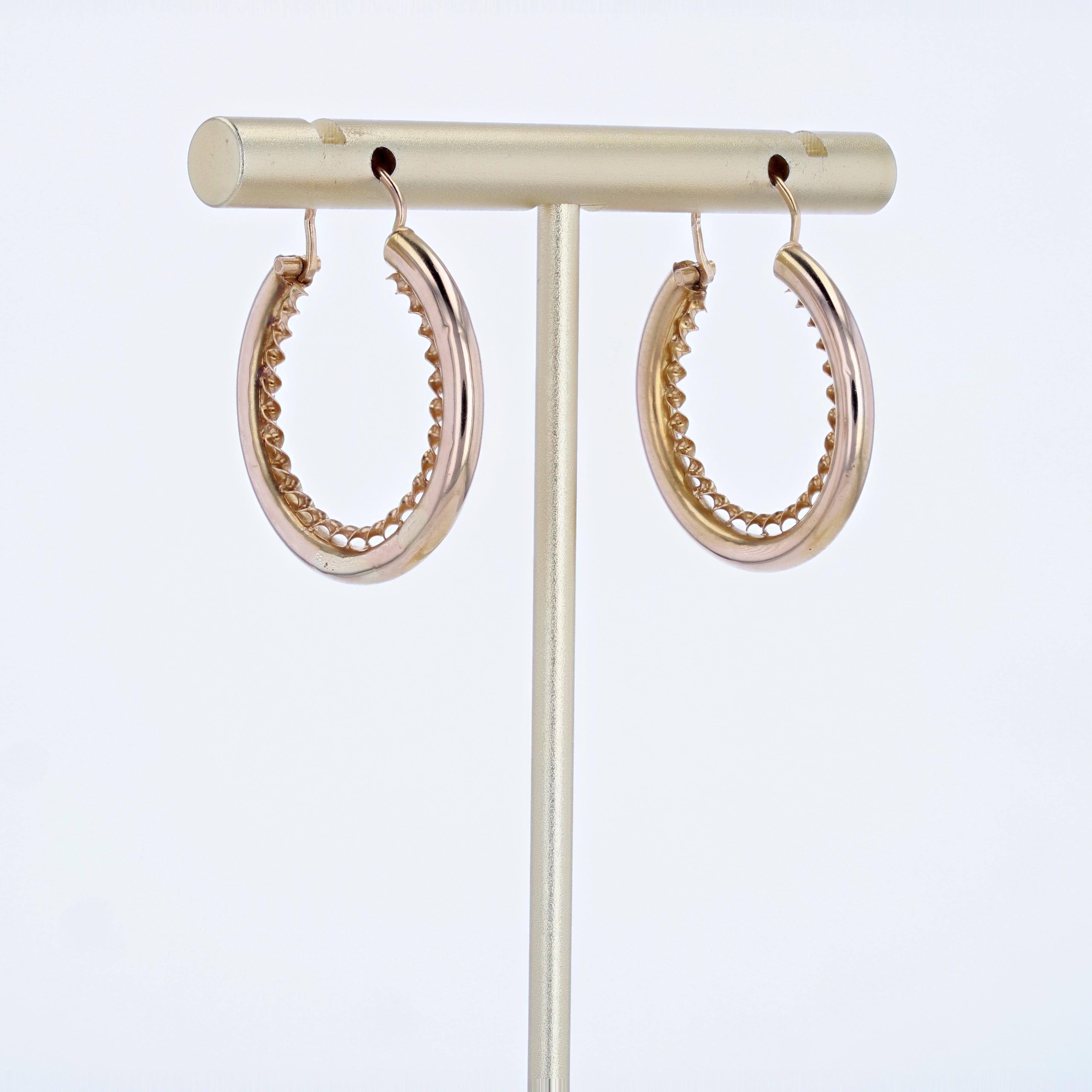 French 1960s Retro 18 Karat Rose Gold Twisted Hoop Earrings For Sale 2