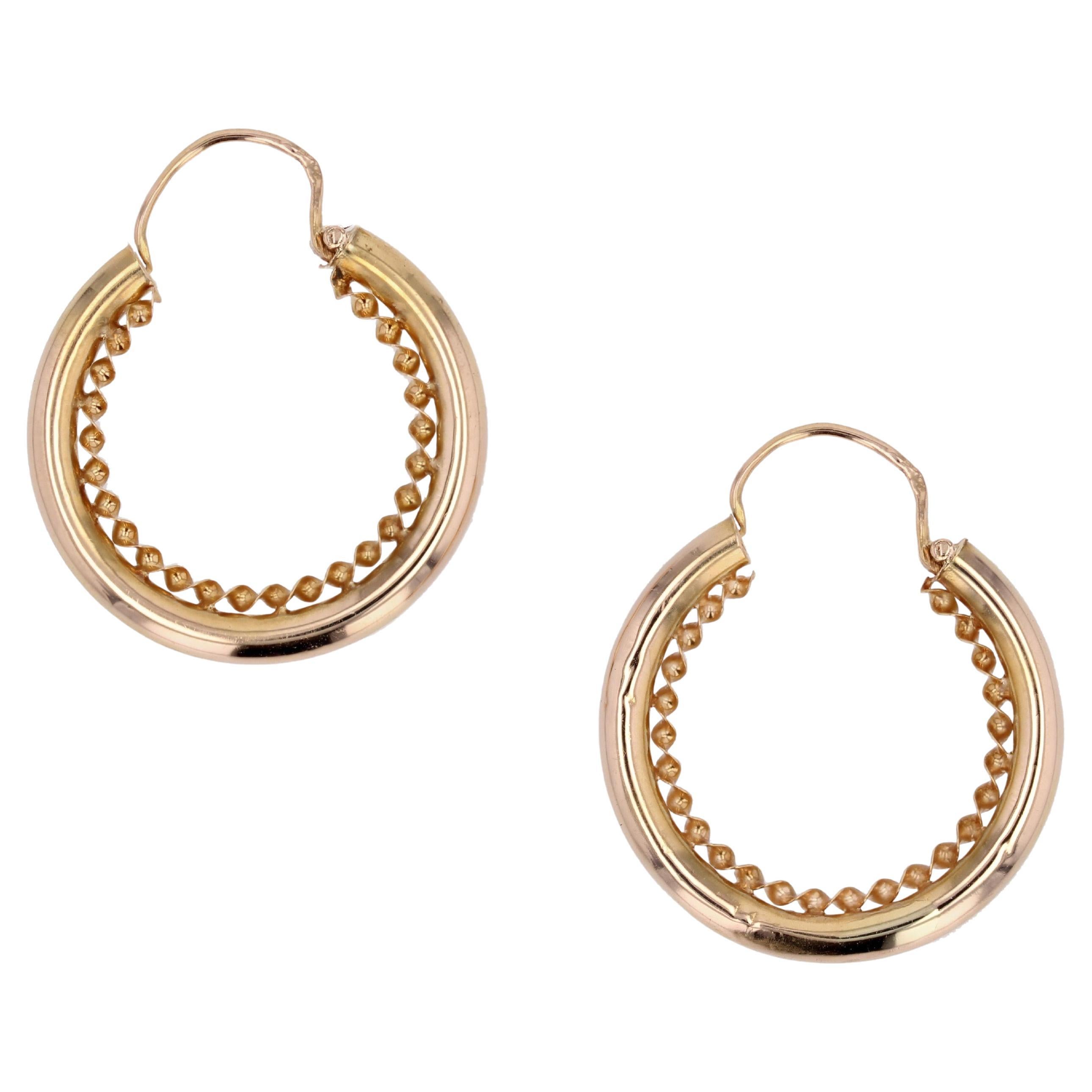 French 1960s Retro 18 Karat Rose Gold Twisted Hoop Earrings