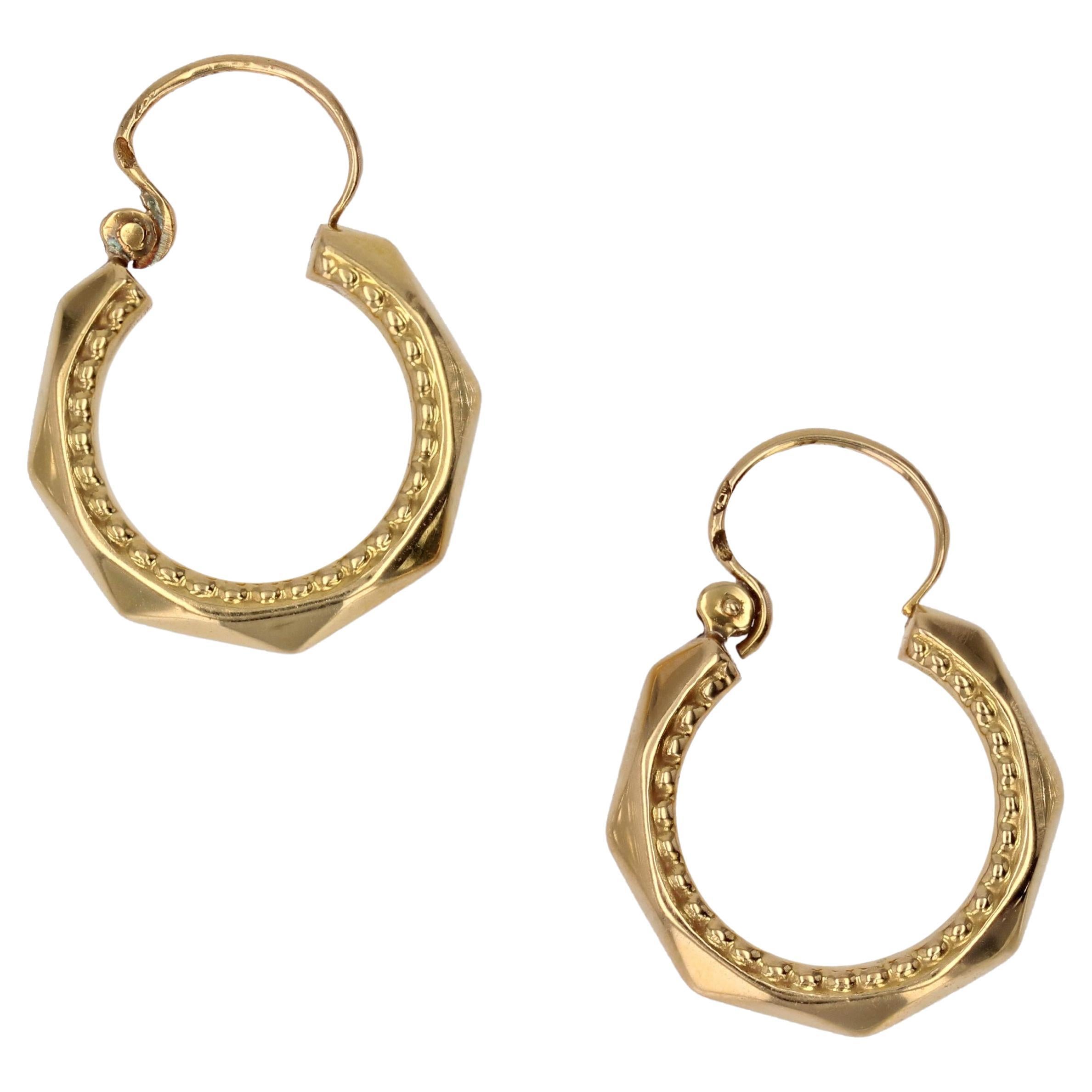 French 1960s Retro 18 Karat Yellow Gold Faceted Chiseled Hoop Earrings