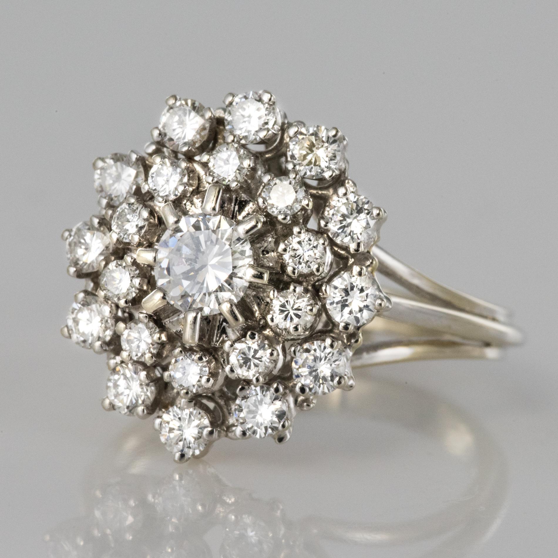 Round Cut French 1960s Retro 18 Karat White Gold Diamond Cluster Ring