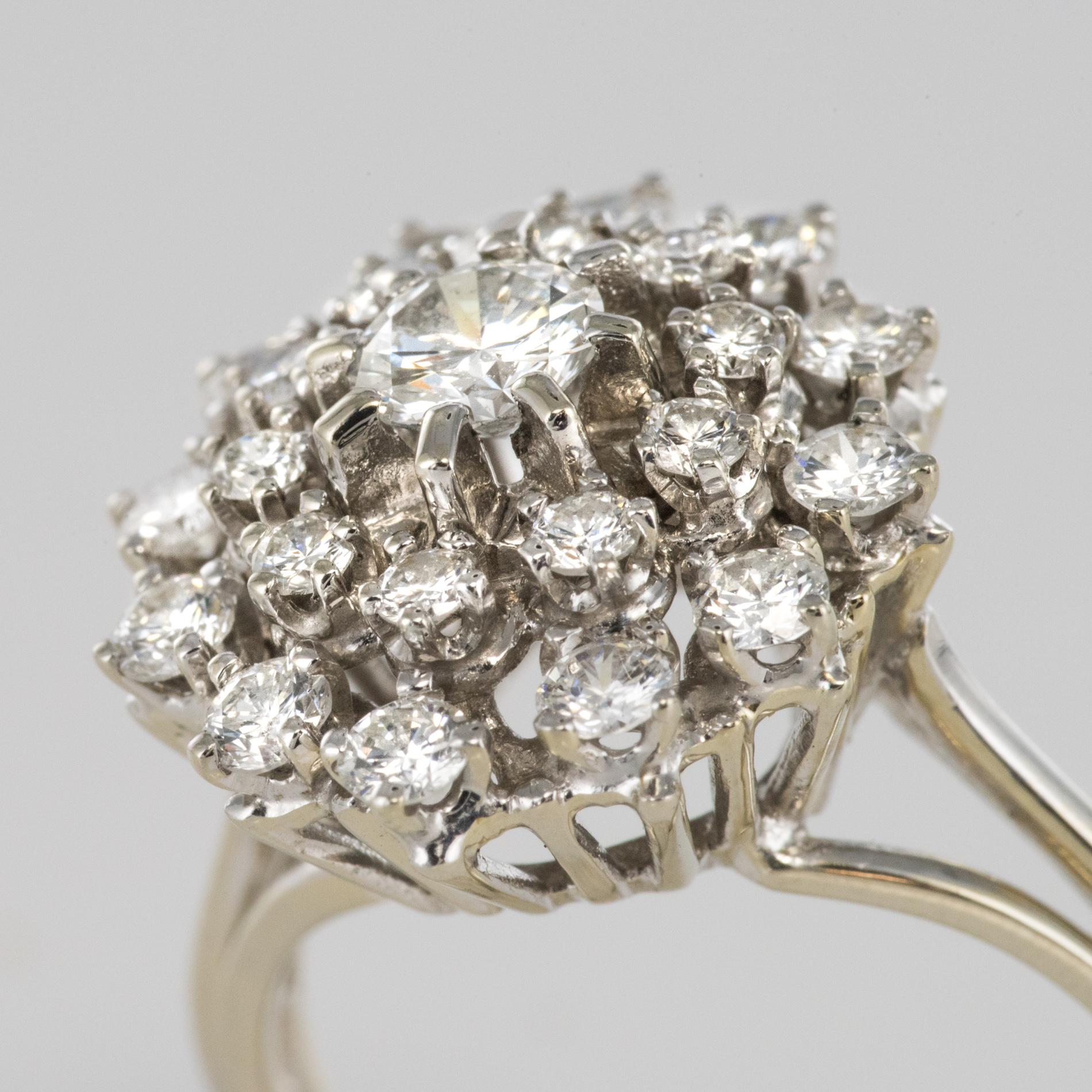 Women's French 1960s Retro 18 Karat White Gold Diamond Cluster Ring