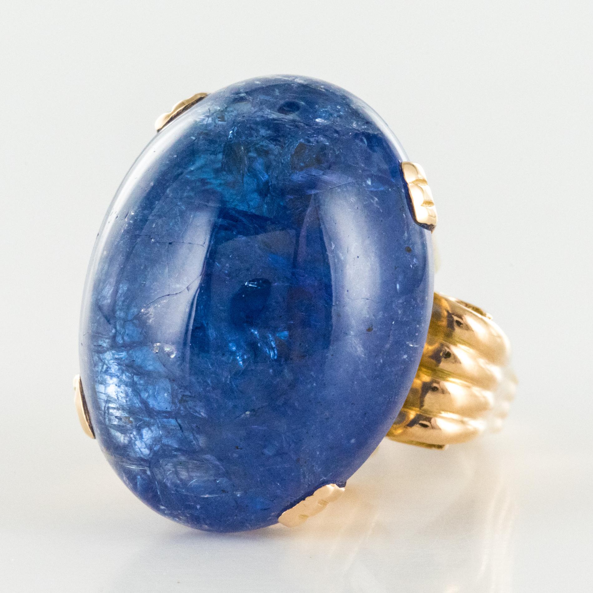 French 1960s Retro 49.20 Carat Tanzanite 18 Karat Yellow Gold Ring 1