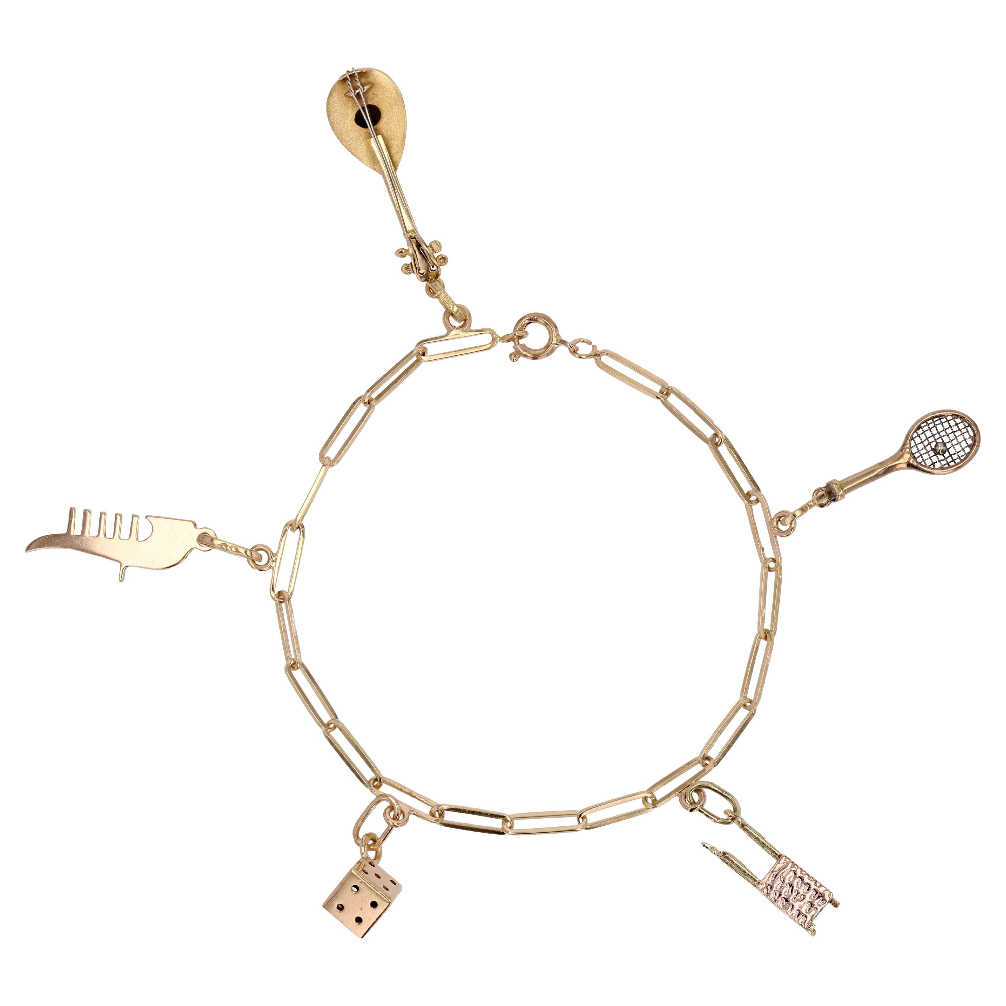 Französisches Retro Charms 18 Karat Gelbgold Figaro Mesh-Armband, 1960er Jahre, Retro Charms