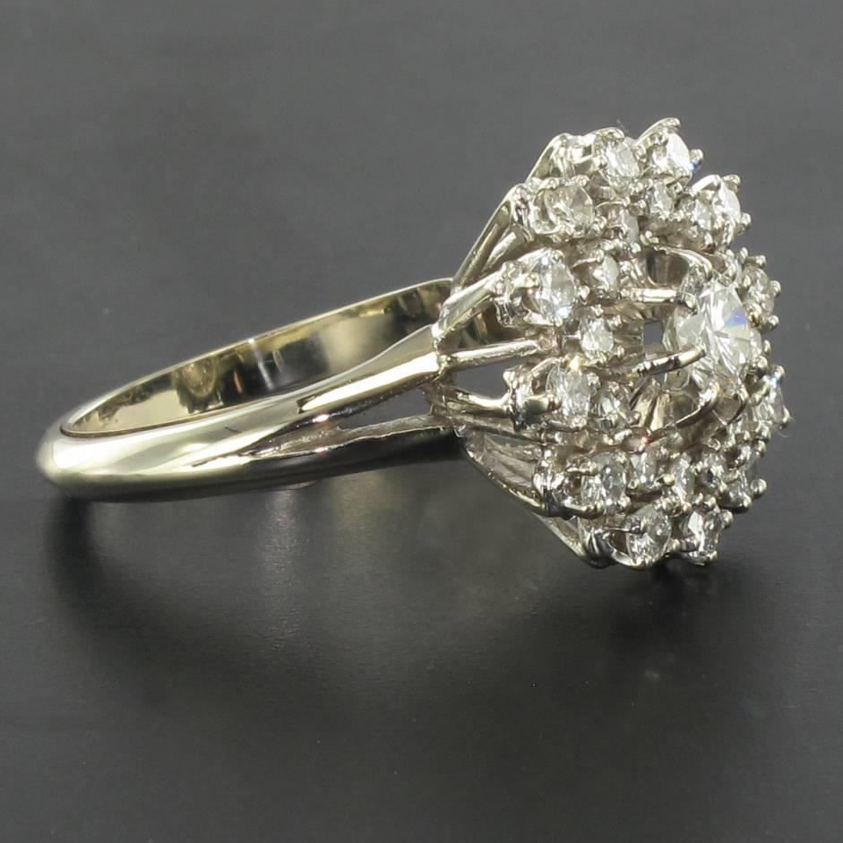 Women's French 1960s Retro Cluster 18K White Gold 1.13 Carat Diamond Ring