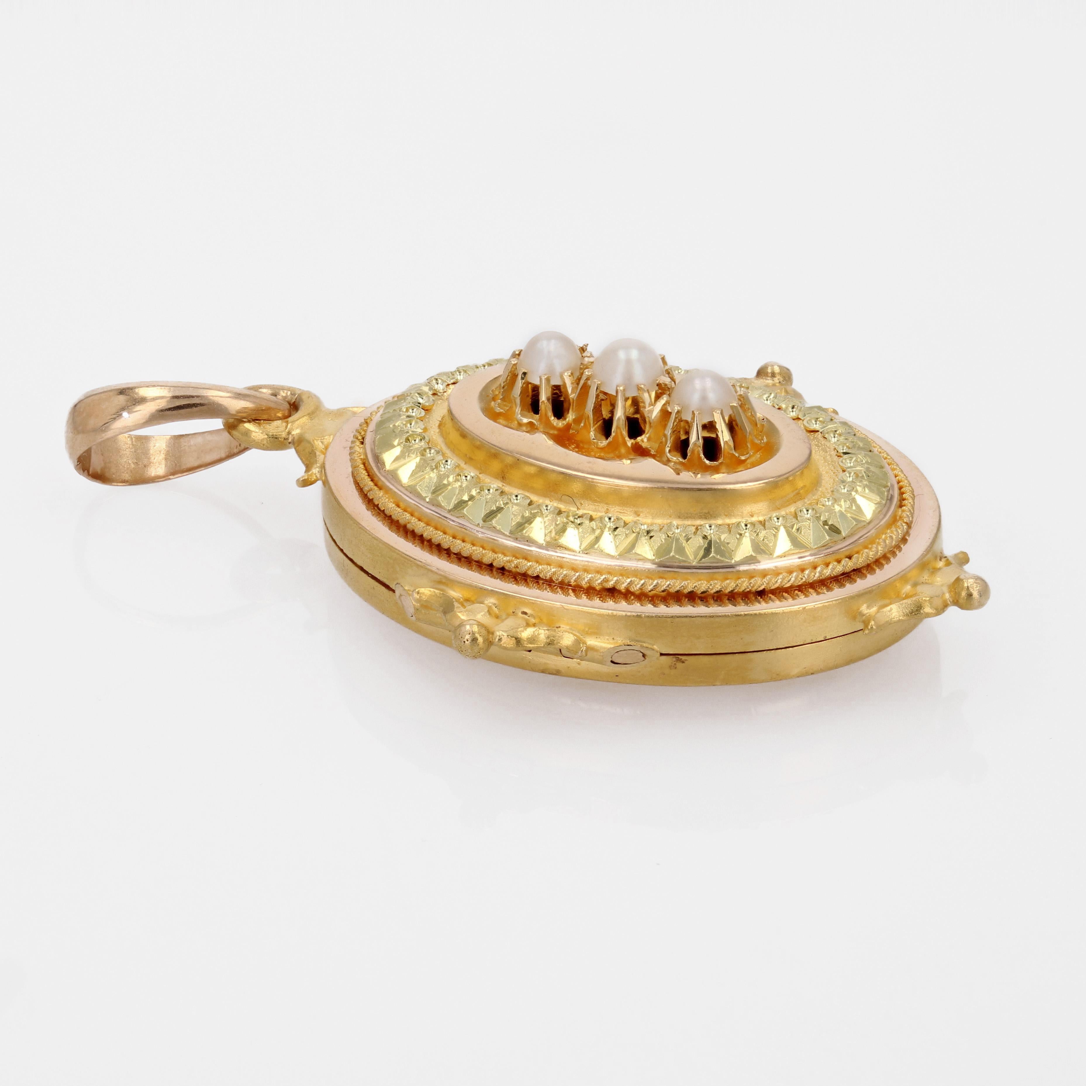 Französische Retro-Zuchtperlen-Medaillon-Anhänger aus 18 Karat Gelbgold mit Zuchtperlen, 1960er Jahre 5