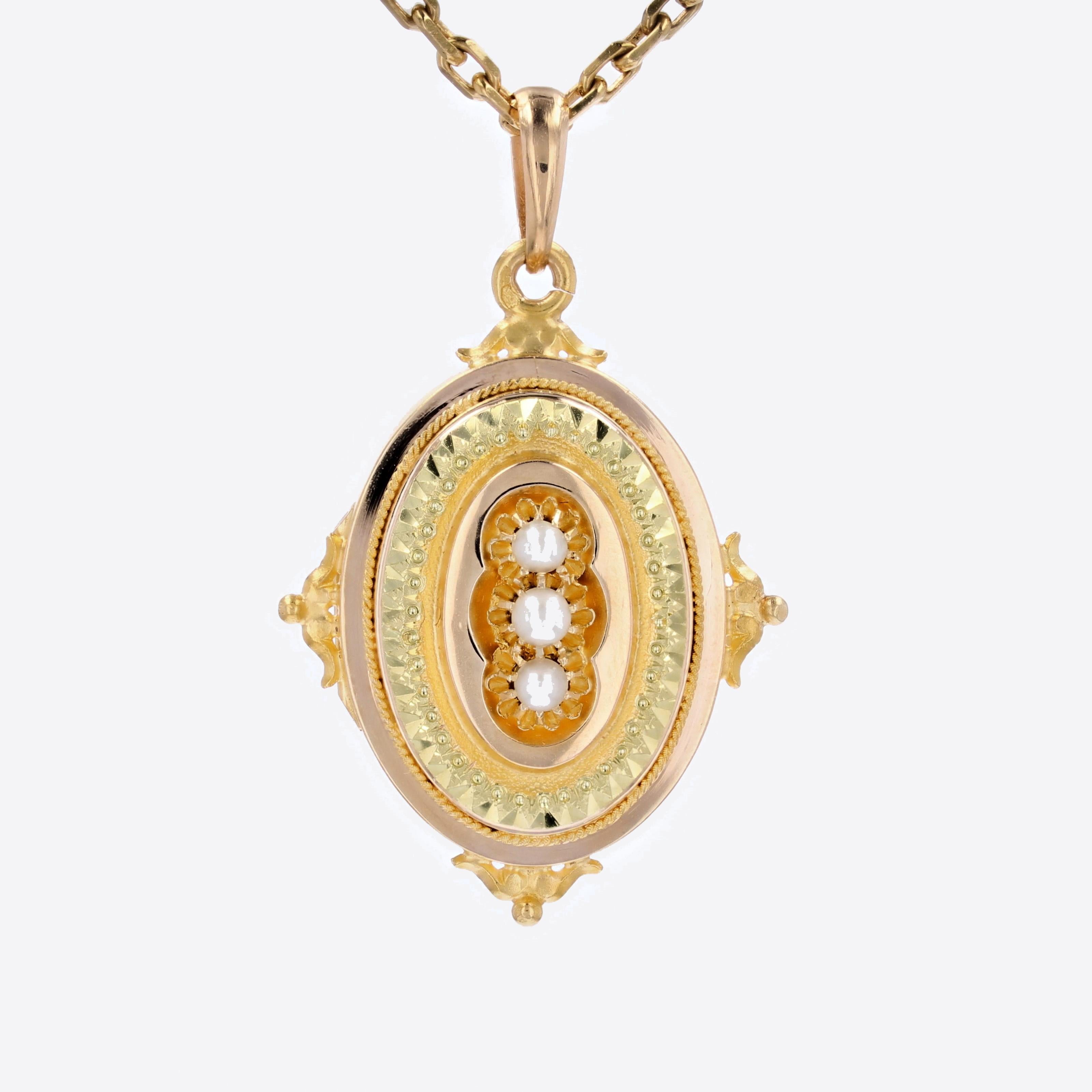 Französische Retro-Zuchtperlen-Medaillon-Anhänger aus 18 Karat Gelbgold mit Zuchtperlen, 1960er Jahre 8