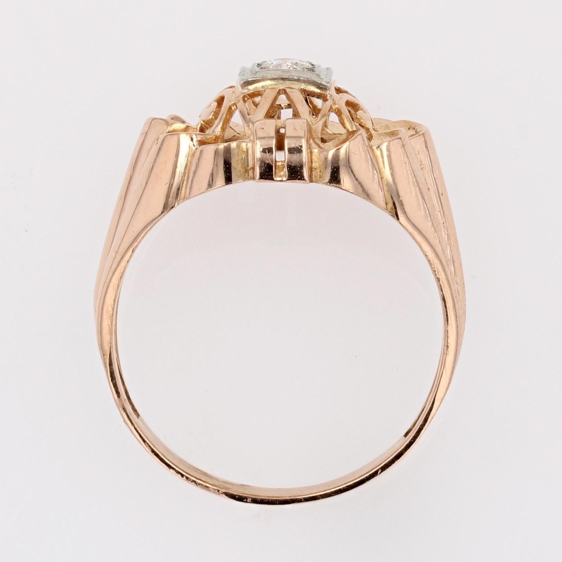 French 1960s Retro Diamond 18 Karat Rose Gold Openwork Ring For Sale 6