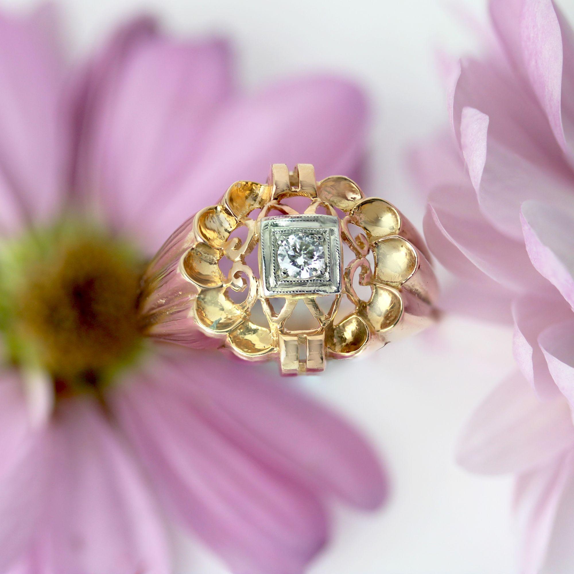 Bague rétro française ajourée en or rose 18 carats avec diamants, années 1960 en vente 6