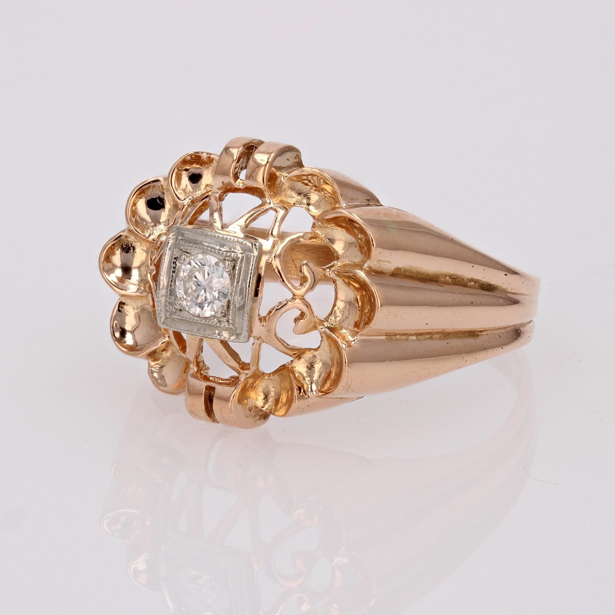 French 1960s Retro Diamond 18 Karat Rose Gold Openwork Ring For Sale 2