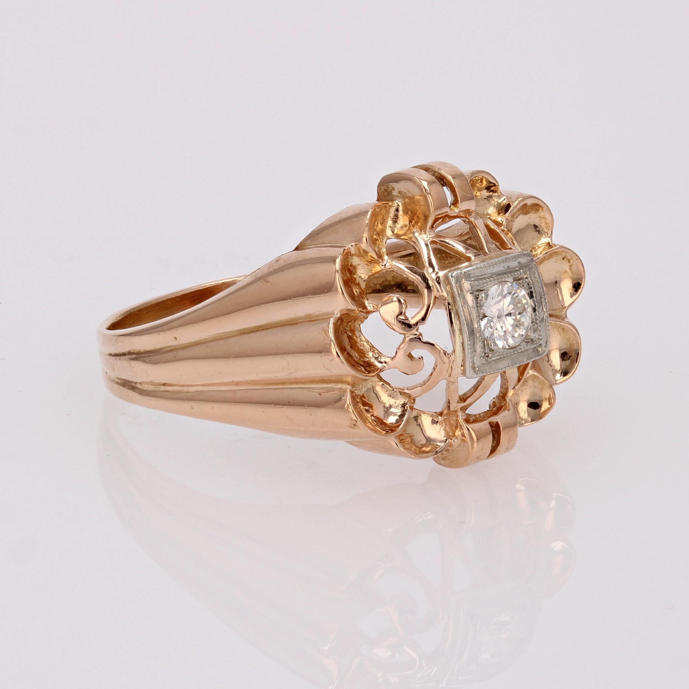 French 1960s Retro Diamond 18 Karat Rose Gold Openwork Ring For Sale 4