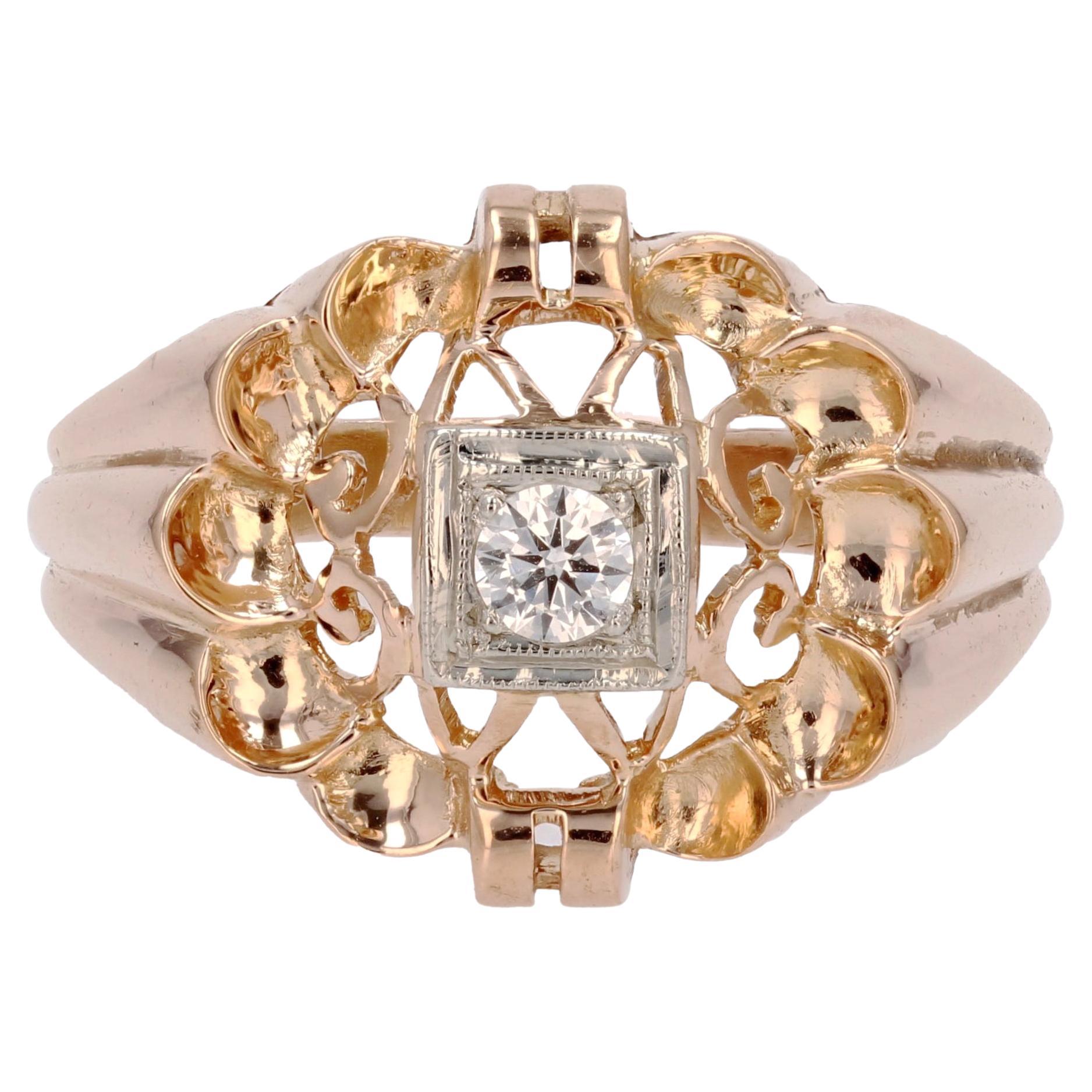 French 1960s Retro Diamond 18 Karat Rose Gold Openwork Ring For Sale