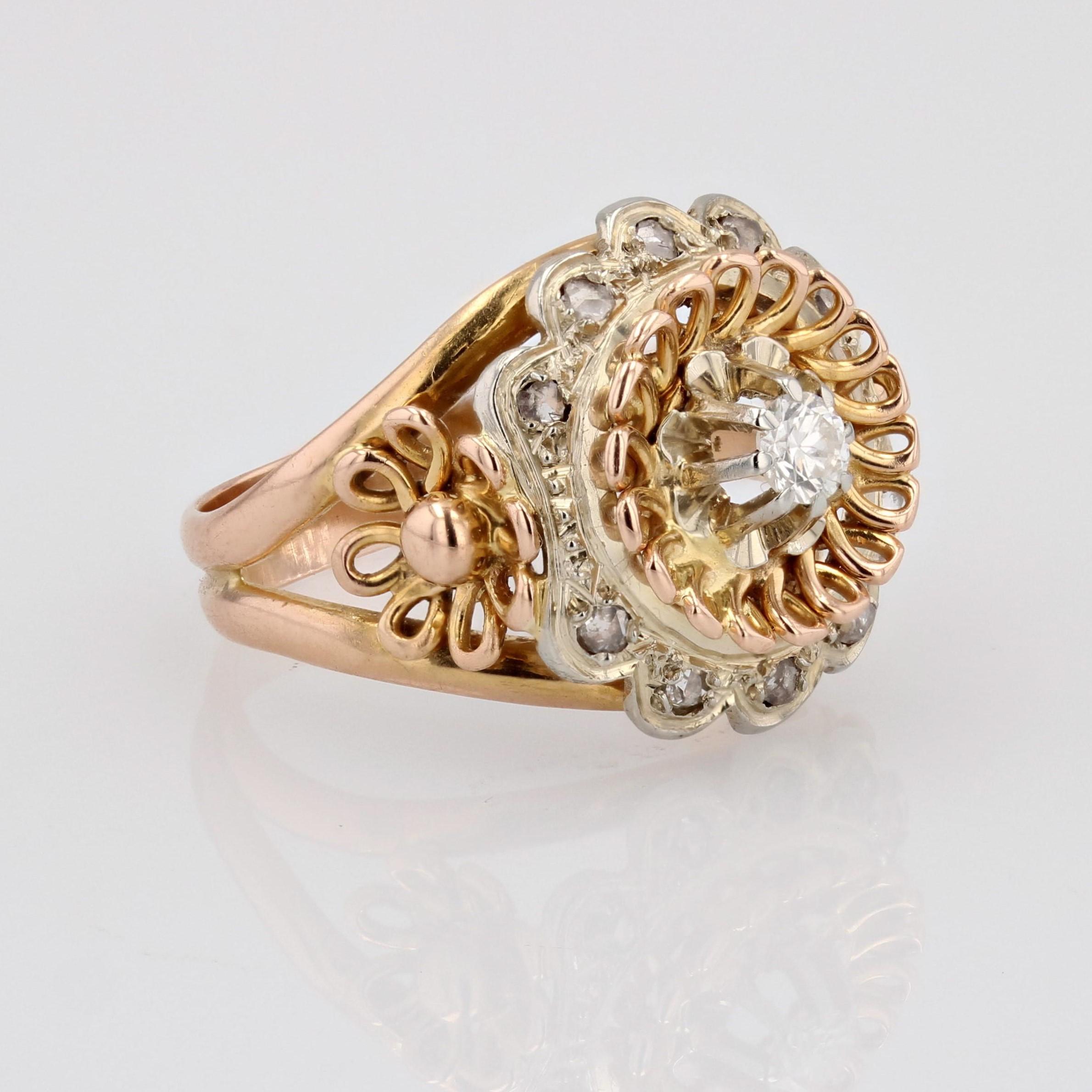 French 1960s Retro Diamond 18 Karat Rose White Gold Openwork Daisy Ring For Sale 6