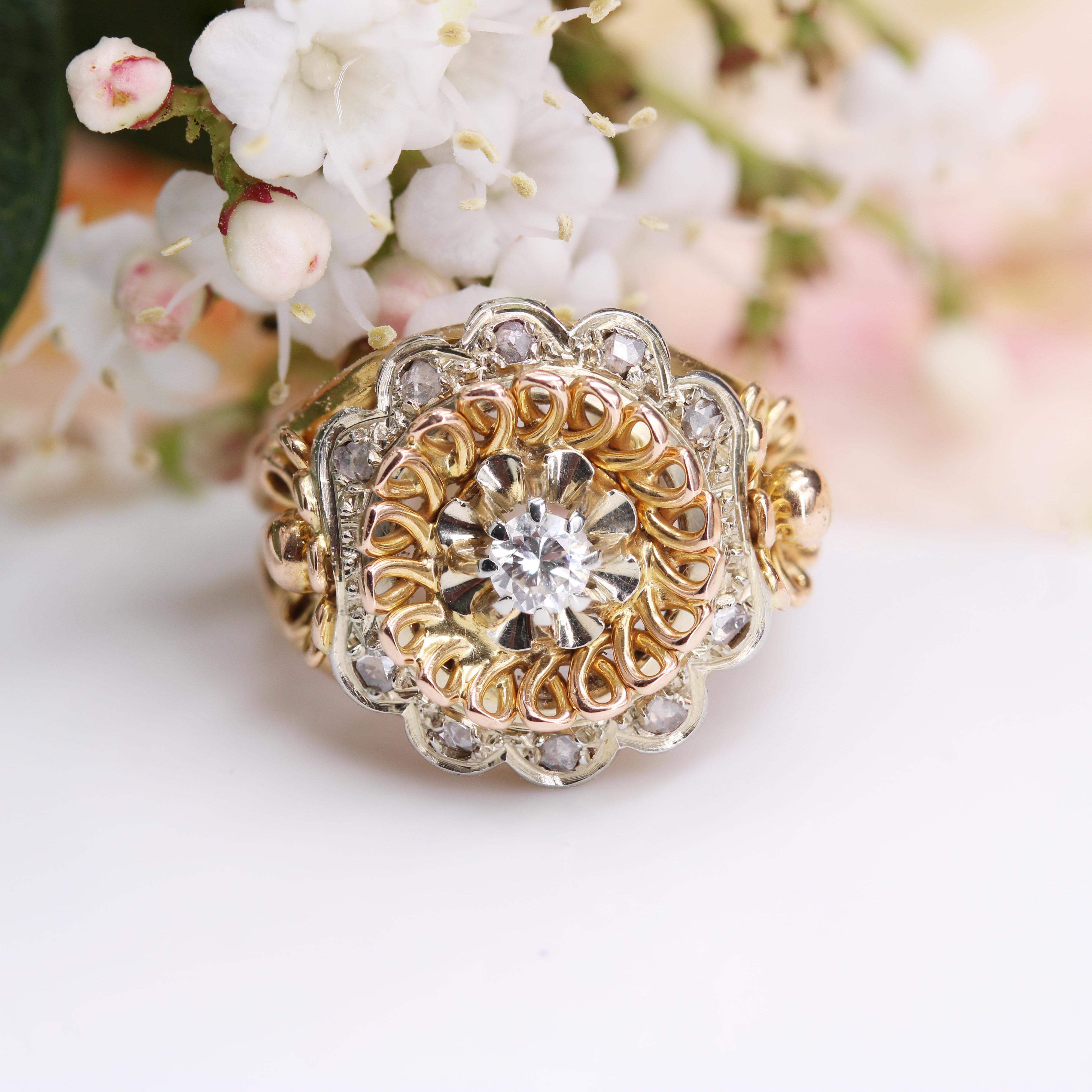 French 1960s Retro Diamond 18 Karat Rose White Gold Openwork Daisy Ring For Sale 8