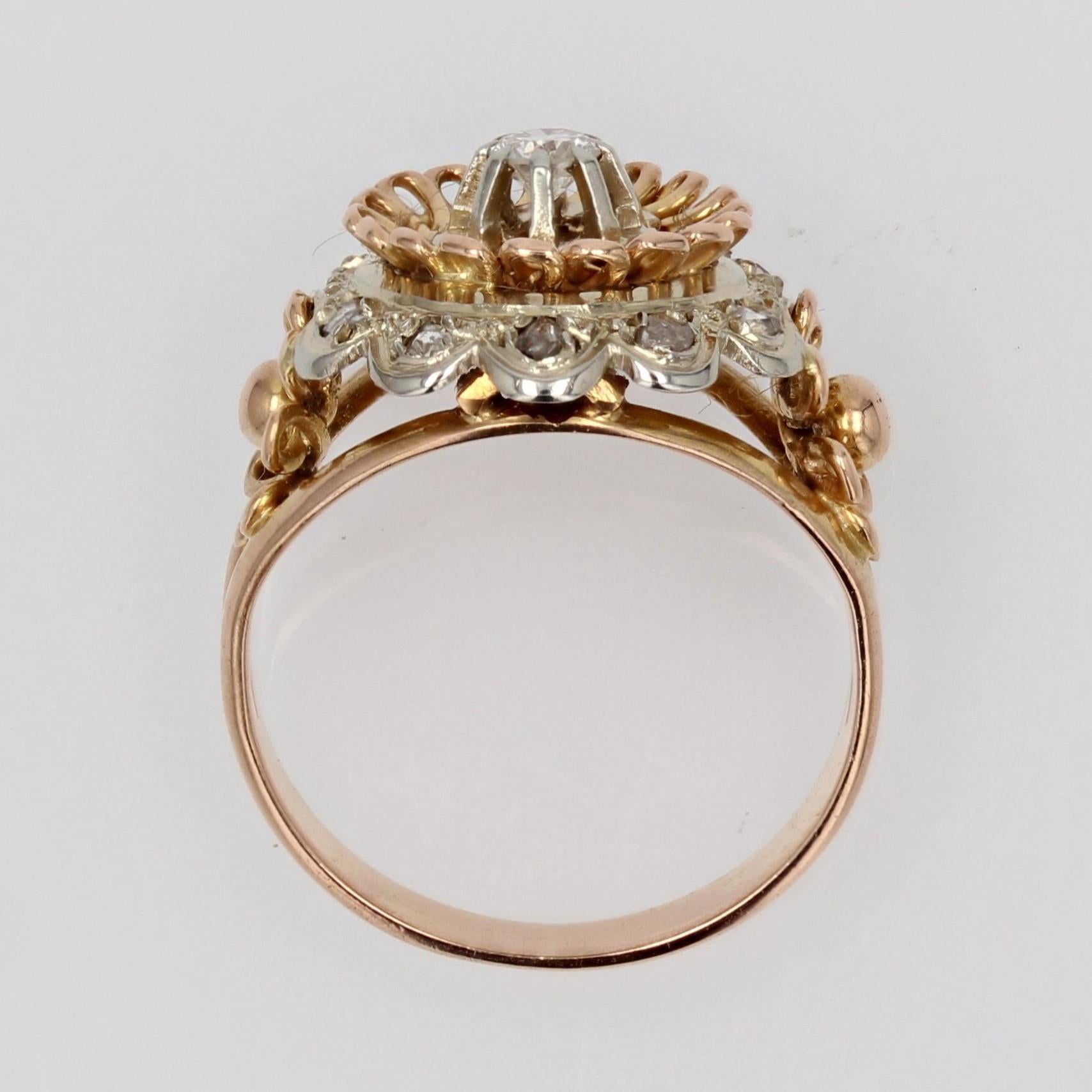 French 1960s Retro Diamond 18 Karat Rose White Gold Openwork Daisy Ring For Sale 12