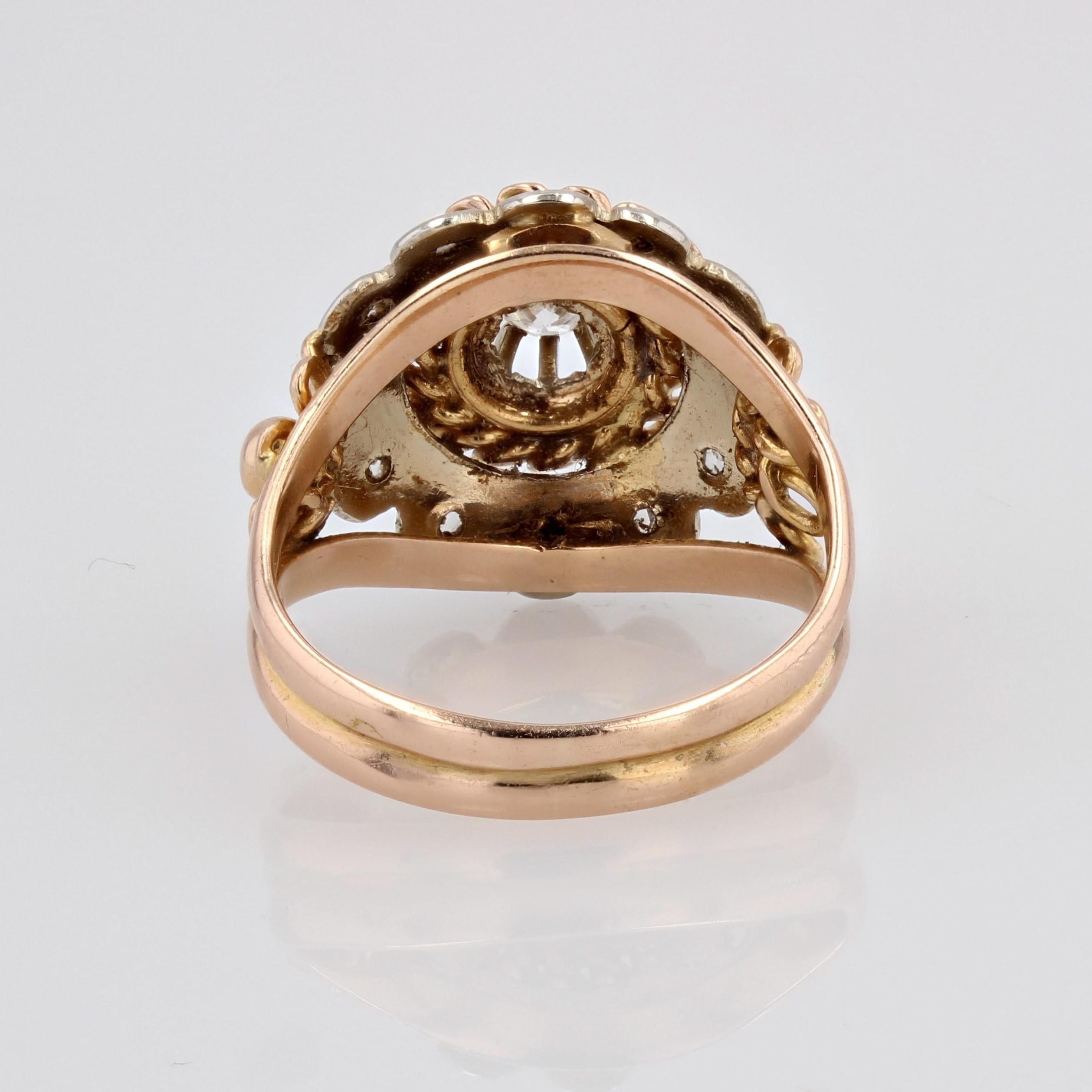 French 1960s Retro Diamond 18 Karat Rose White Gold Openwork Daisy Ring For Sale 13