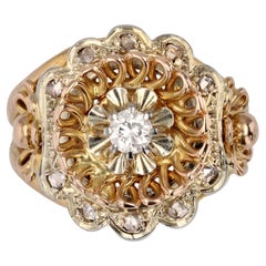 Bague marguerite ajourée en or rose blanc 18 carats, diamant rétro français des années 1960