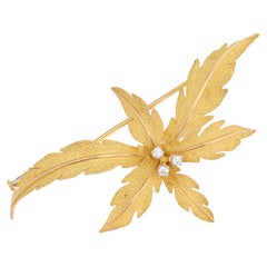 French 1960s Retro Diamond Gold Floral Brooch