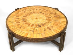 Roger Capron French Mid-Century Ceramic and Oak Sunburst Coffee Table