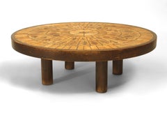 Roger Capron French Mid-Century Beige Ceramic and Oak Sunburst Coffee Table