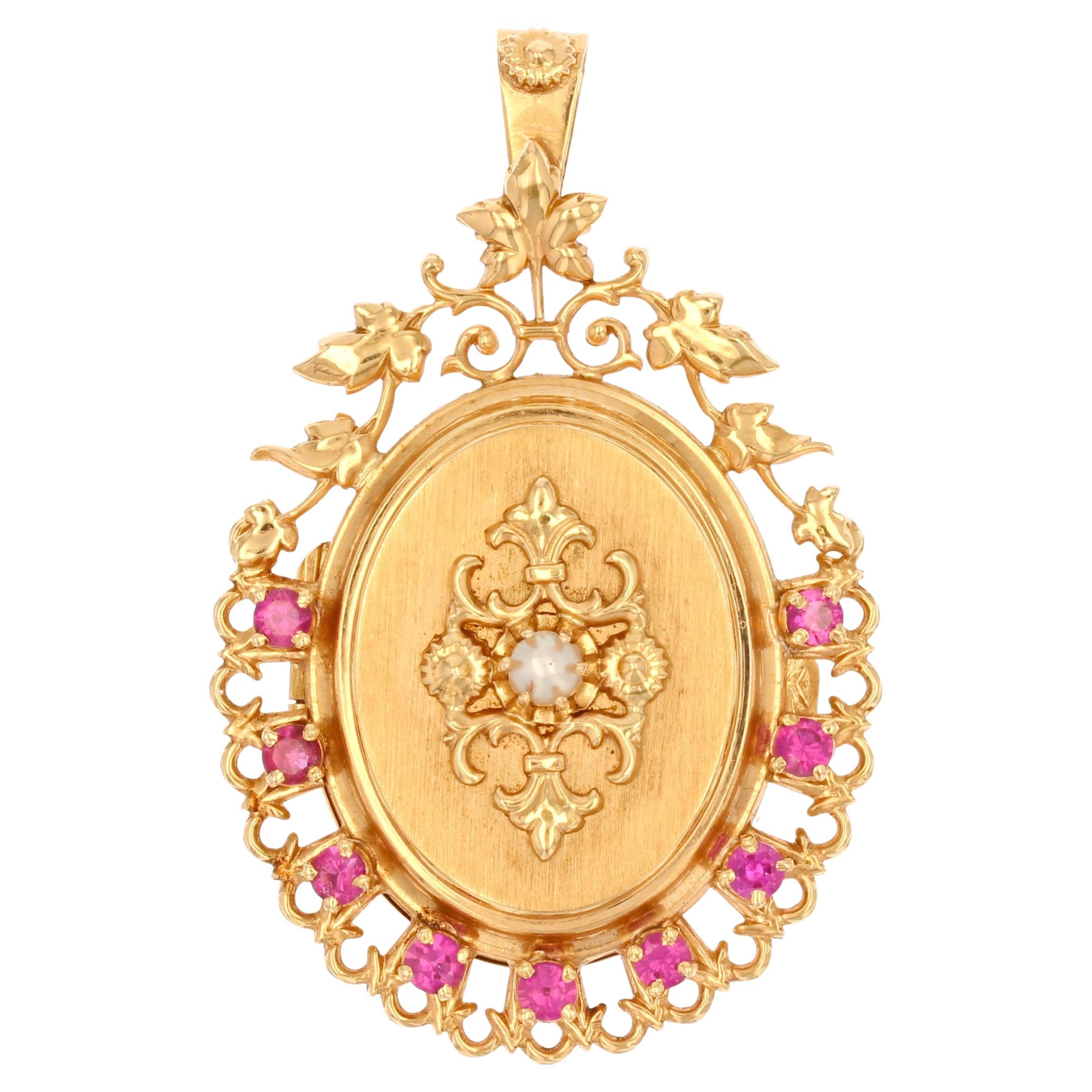 French, 1960s, Ruby Cultured Pearl 18 Karat Rose Gold Locket Pendant