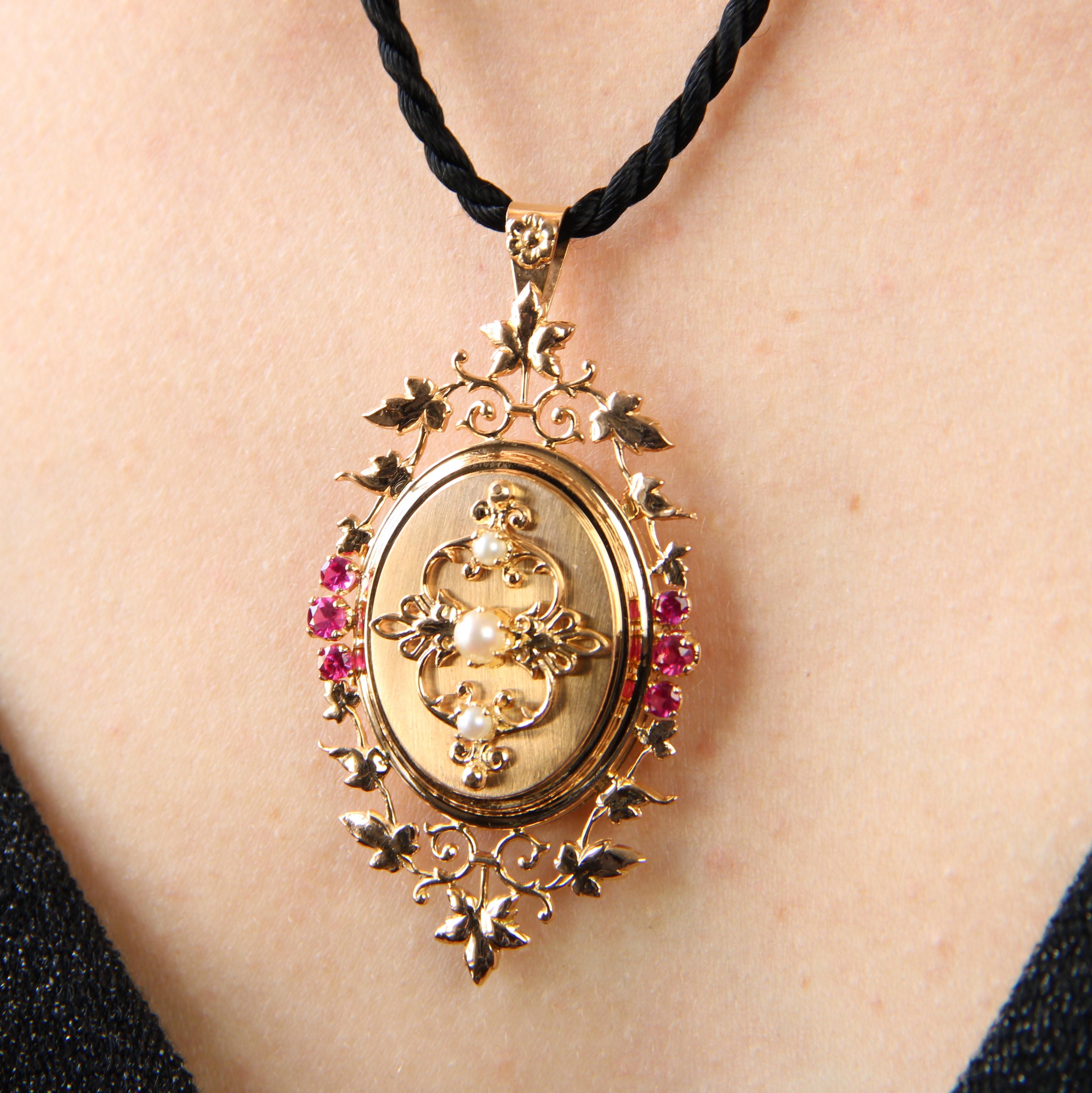 French 1960s Ruby Cultured Pearl 18 Karat Rose Gold Medallion 2