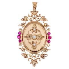 French 1960s Ruby Cultured Pearl 18 Karat Rose Gold Medallion