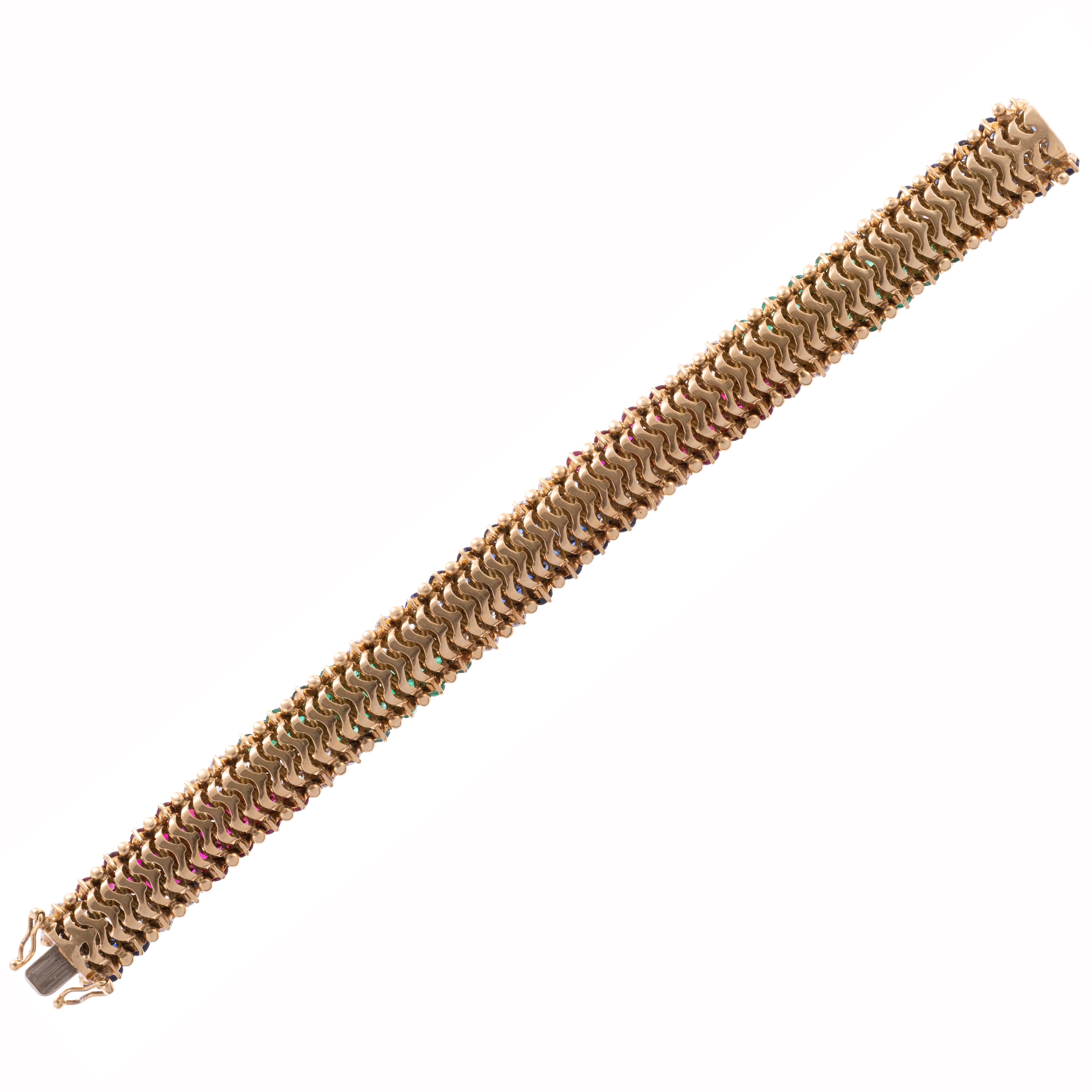 Round Cut French 1960's Ruby, Emerald, Sapphire, & Diamond 18k Yellow Gold Bracelet For Sale