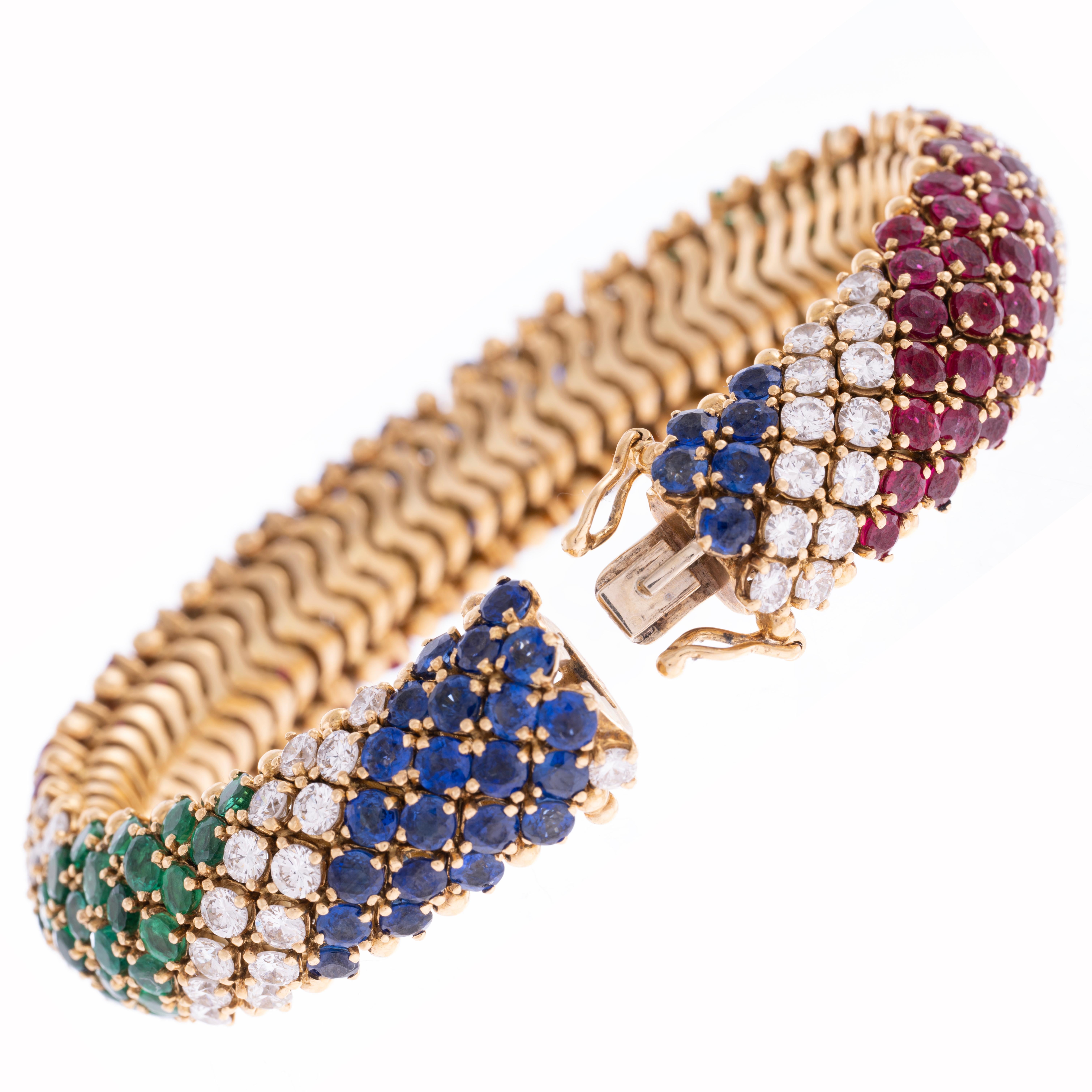 French 1960's Ruby, Emerald, Sapphire, & Diamond 18k Yellow Gold Bracelet In Excellent Condition For Sale In Carmel-by-the-Sea, CA