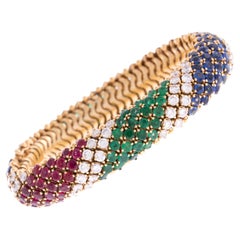 French 1960's Ruby, Emerald, Sapphire, & Diamond 18k Yellow Gold Bracelet