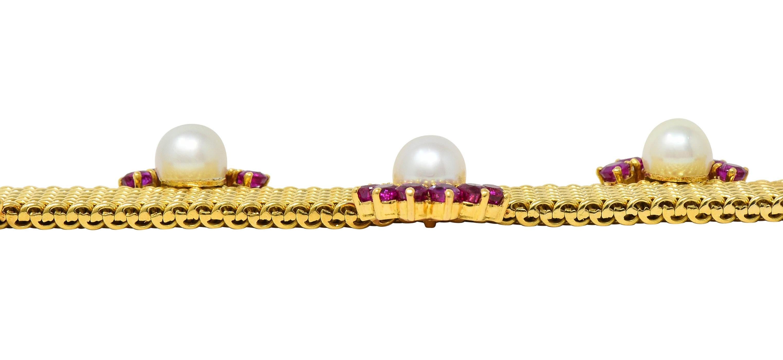 Bracelet vintage tissé en or jaune 18 carats, perles et rubis, France, années 1960 en vente 7