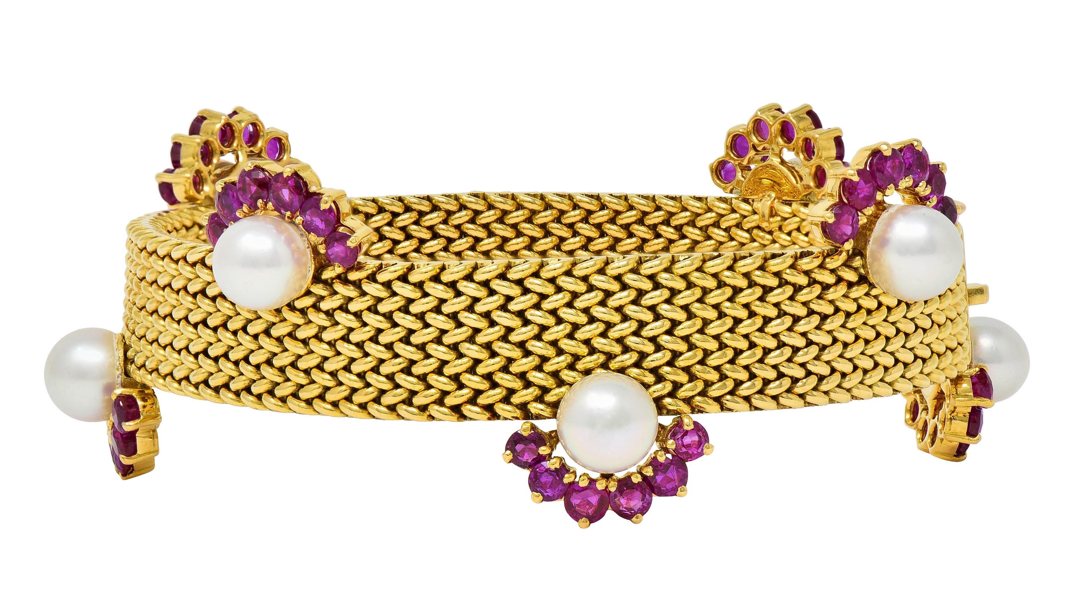 Bracelet vintage tissé en or jaune 18 carats, perles et rubis, France, années 1960 en vente 8