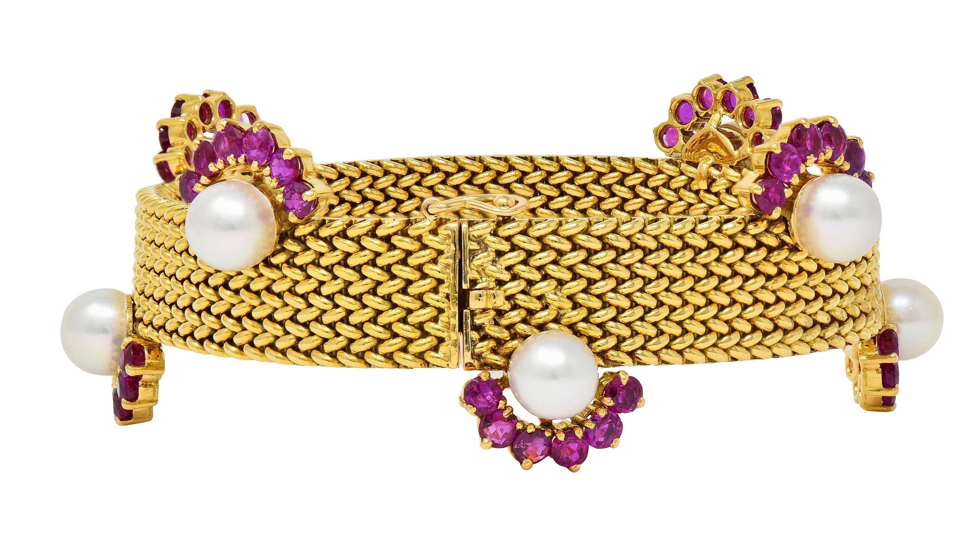 Bracelet vintage tissé en or jaune 18 carats, perles et rubis, France, années 1960 Unisexe en vente